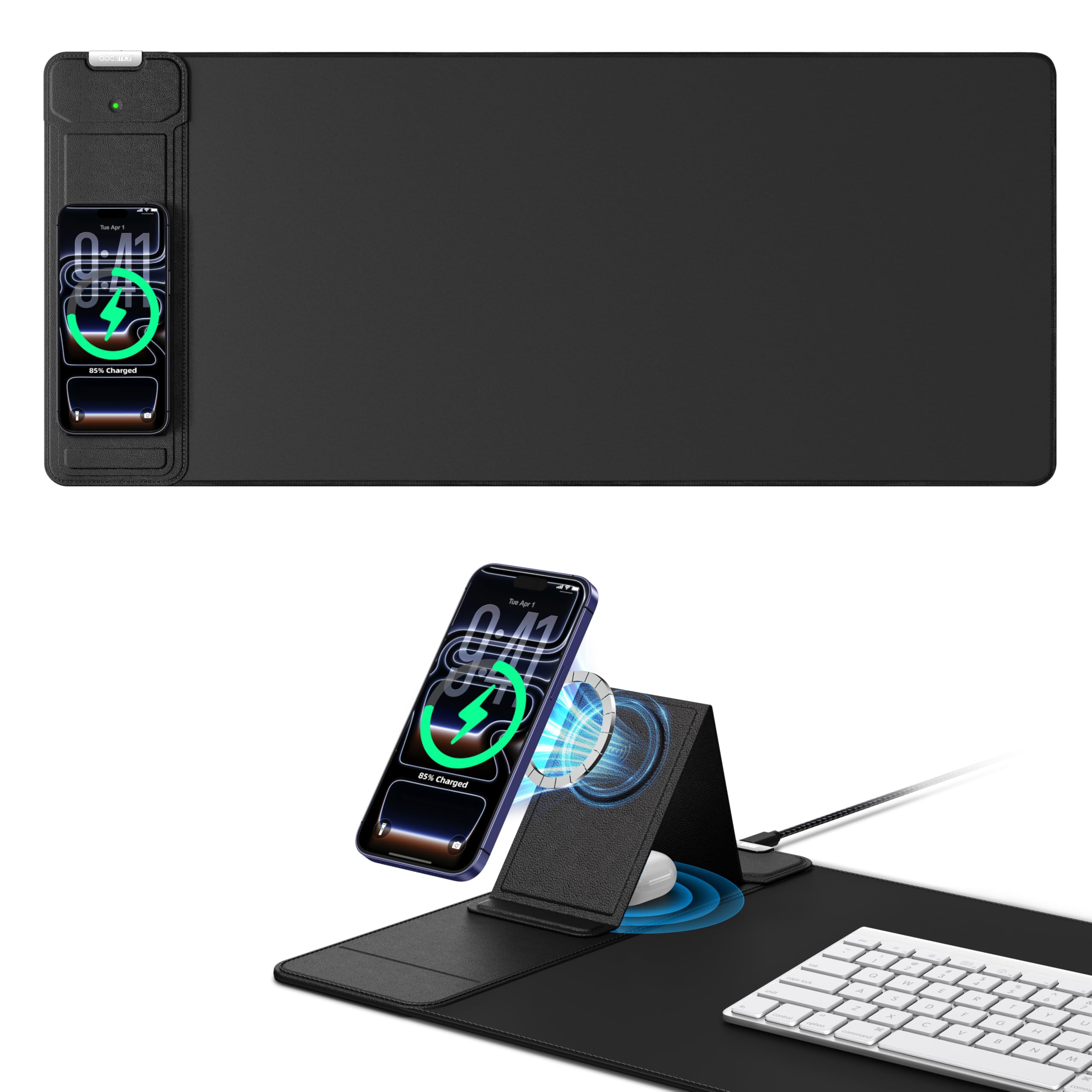 Tappetino per mouse con ricarica wireless magnetica e supporto regolabile per telefono, tappetino da scrivania esteso da 70 x 30 cm, tappetino per tastiera impermeabile ultra liscio, base antiscivolo