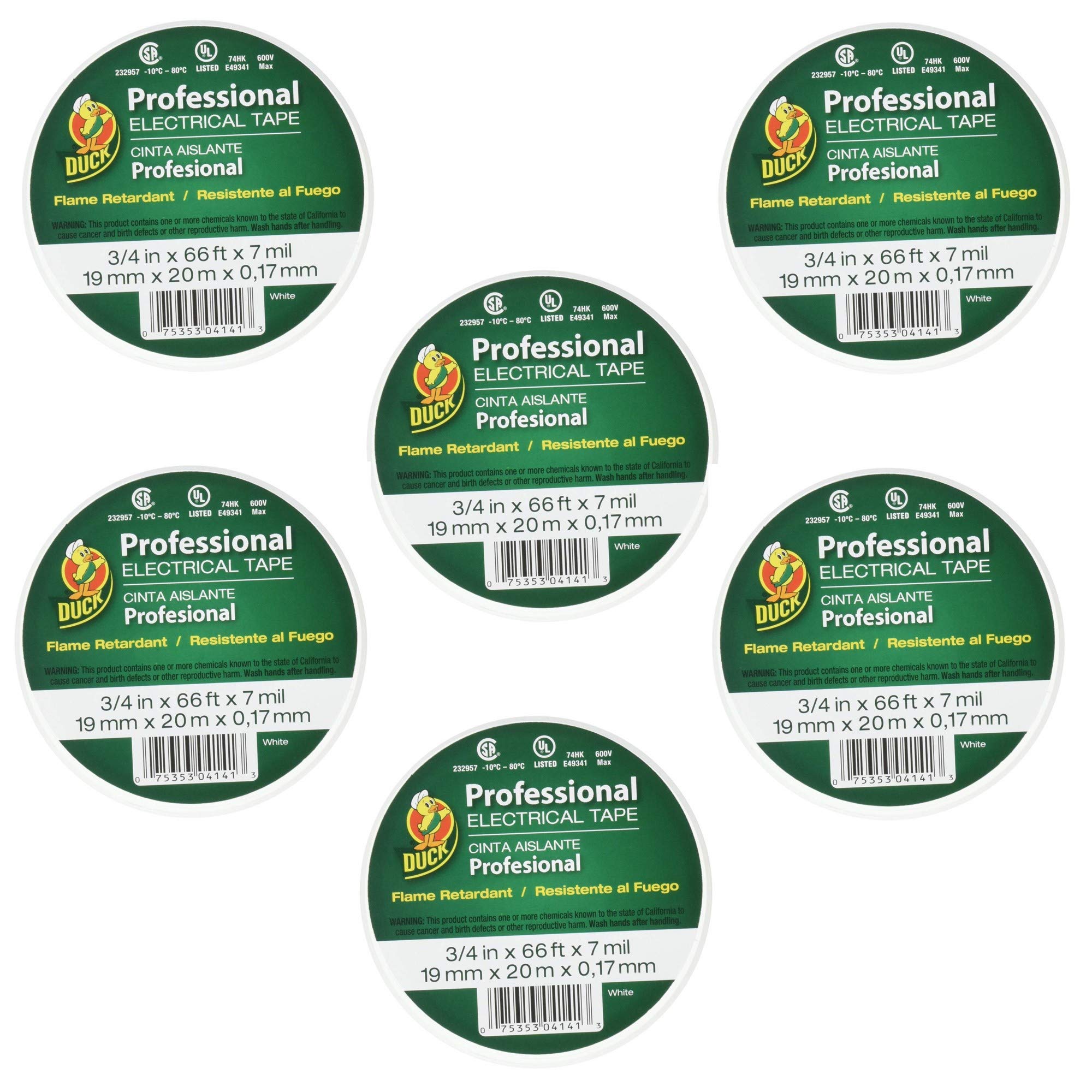 Duck Brand 300877 Professional Grade Electrical Tape, 3/4-Inch by 66 Feet, Single Roll, White (6)