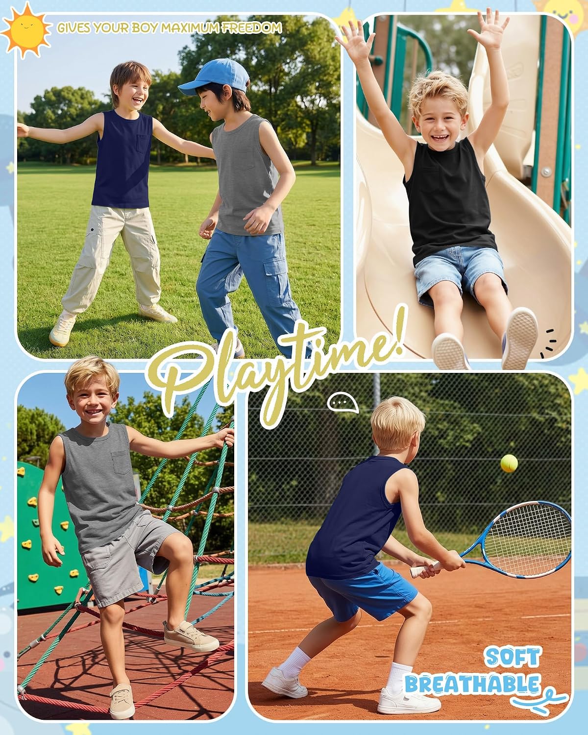 3 Pack Boy's Tank Tops Sleeveless Crewneck Undershirts Basic Casual Shirts Loose Athletic Summer Tees with Pocket