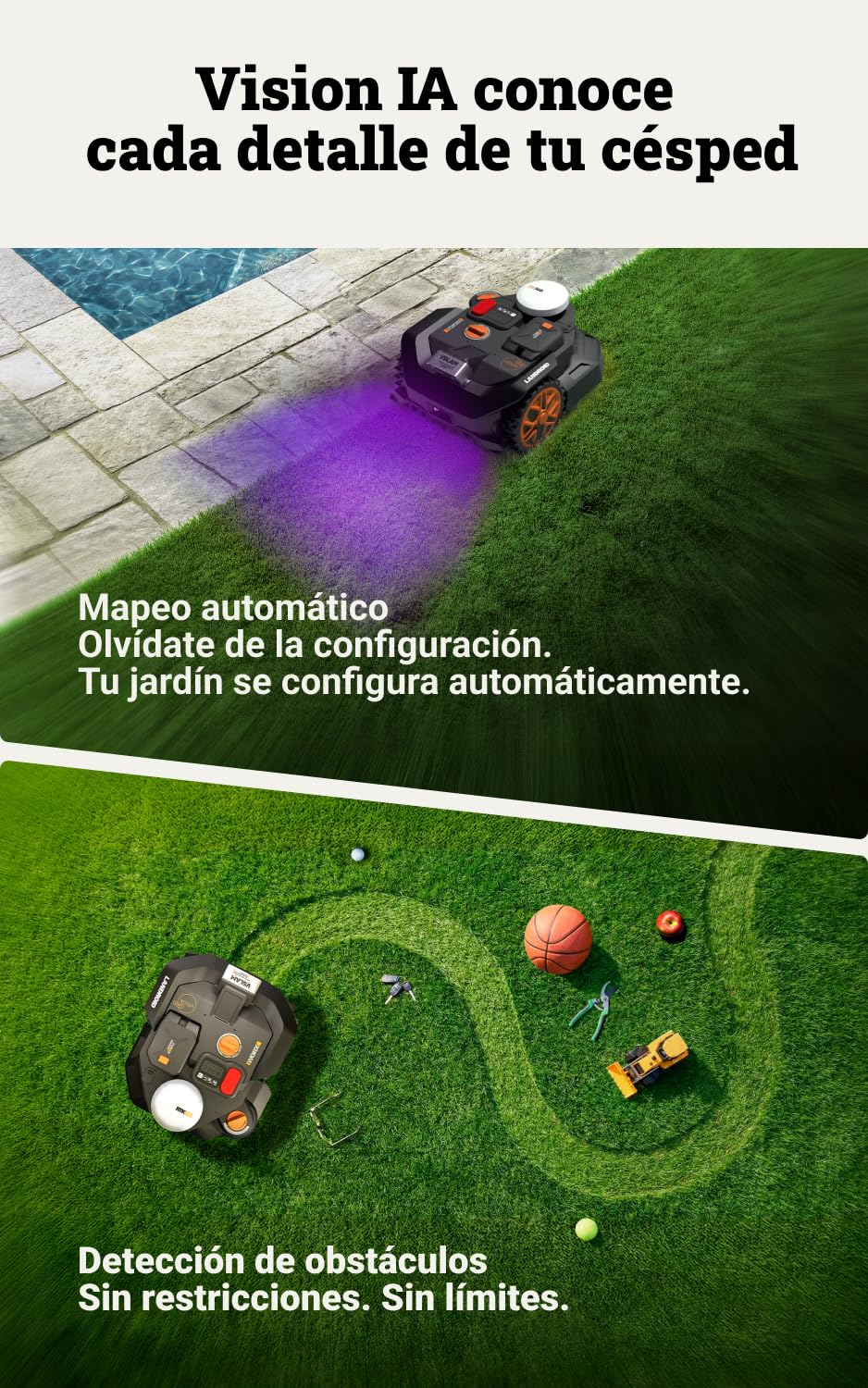 Worx Landroid Vision Cloud WR306E 2WD Robot Cortacésped, Sin Cable Perimetral, hasta 500 m², Evitación de Obstáculos con IA, Navegación VSLAM + RTK Cloud, Mapeo Automático, Control por App