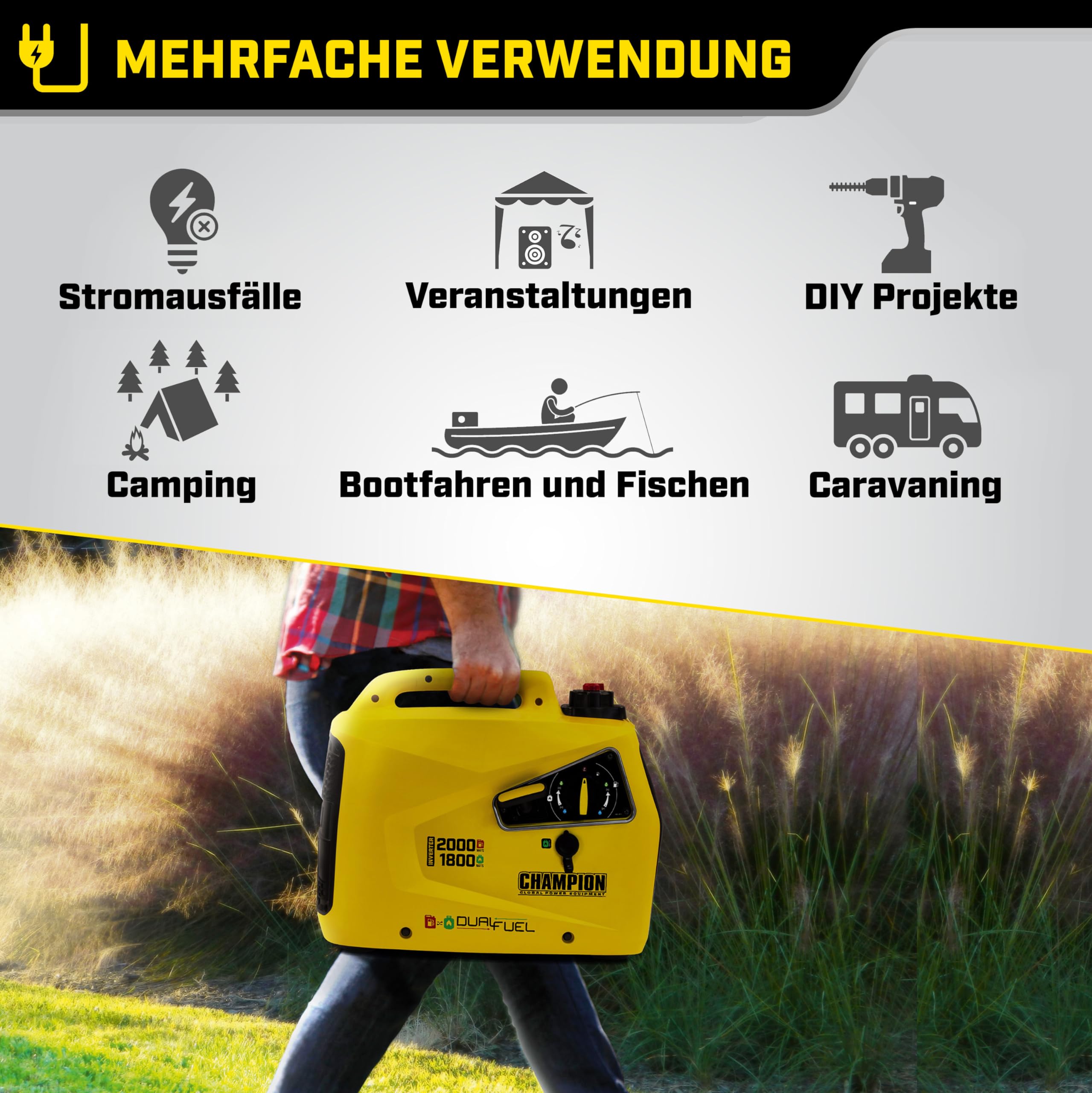 Champion Power Equipment 82001I-E-Df-Eu Generator, Czarny/Żółty, ‎58 x 37 x 53 cm; 11 kg
