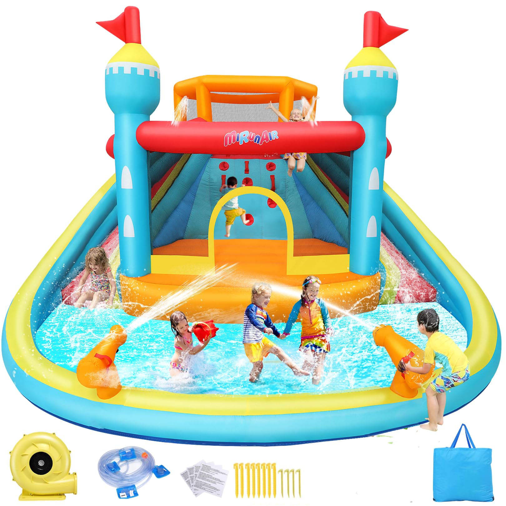 AKEYDIY Inflatable Bounce House with Double Water Slide & Splash Pool, Mega Backyard Water Park with Blower Included for Kids 3-12 Birthday Party Gifts