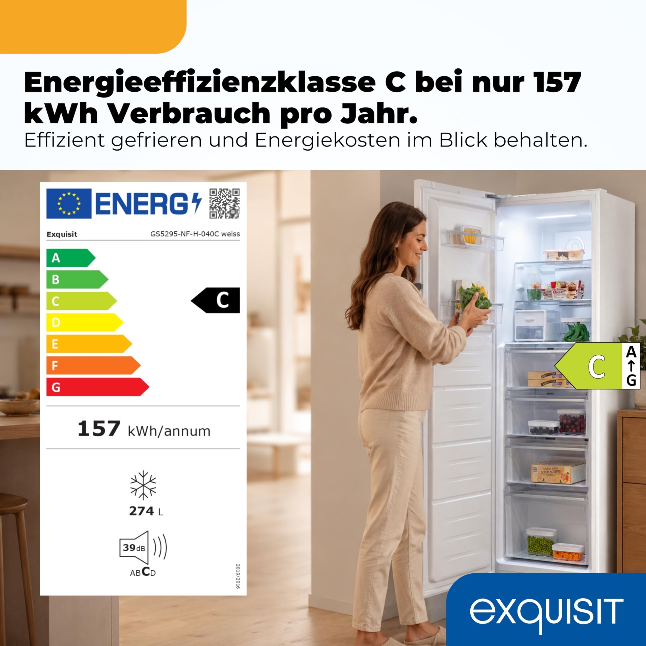 Exquisit Gefrierschrank 274 l No Frost | Energieklasse C | Schnellgefrieren | digitale Temperaturanzeige | LED-Beleuchtung | GS5295-NF-H-040C weiss | Weiß