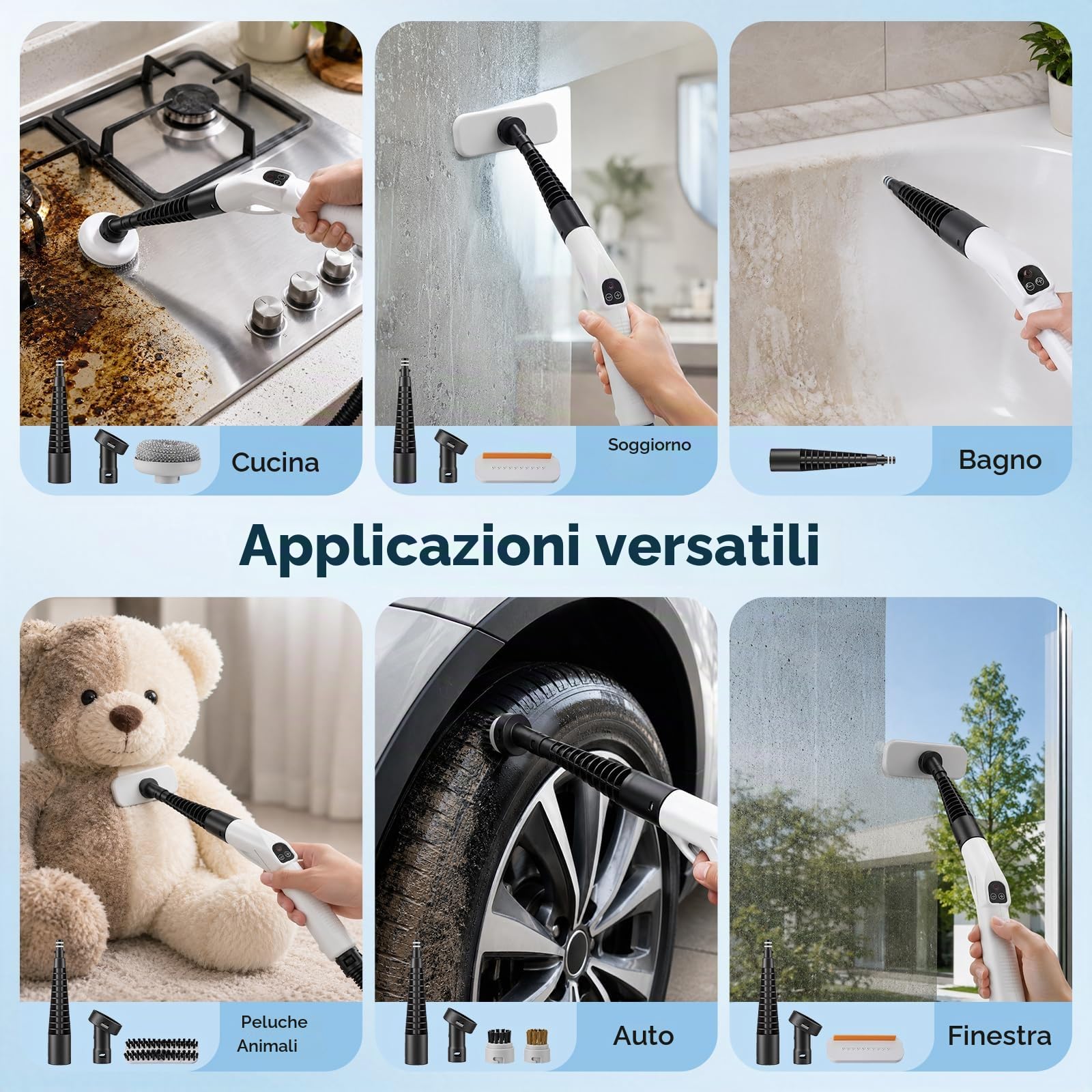 Pulitore a Vapore Portatile 2000 W, 6 Spazzole, Serbatoio 2.5 L, Pulitore a Vapore 3 Bar, con 3 Velocità Regolabili, per la casa multiuso, per finestre, cappe, tessuti