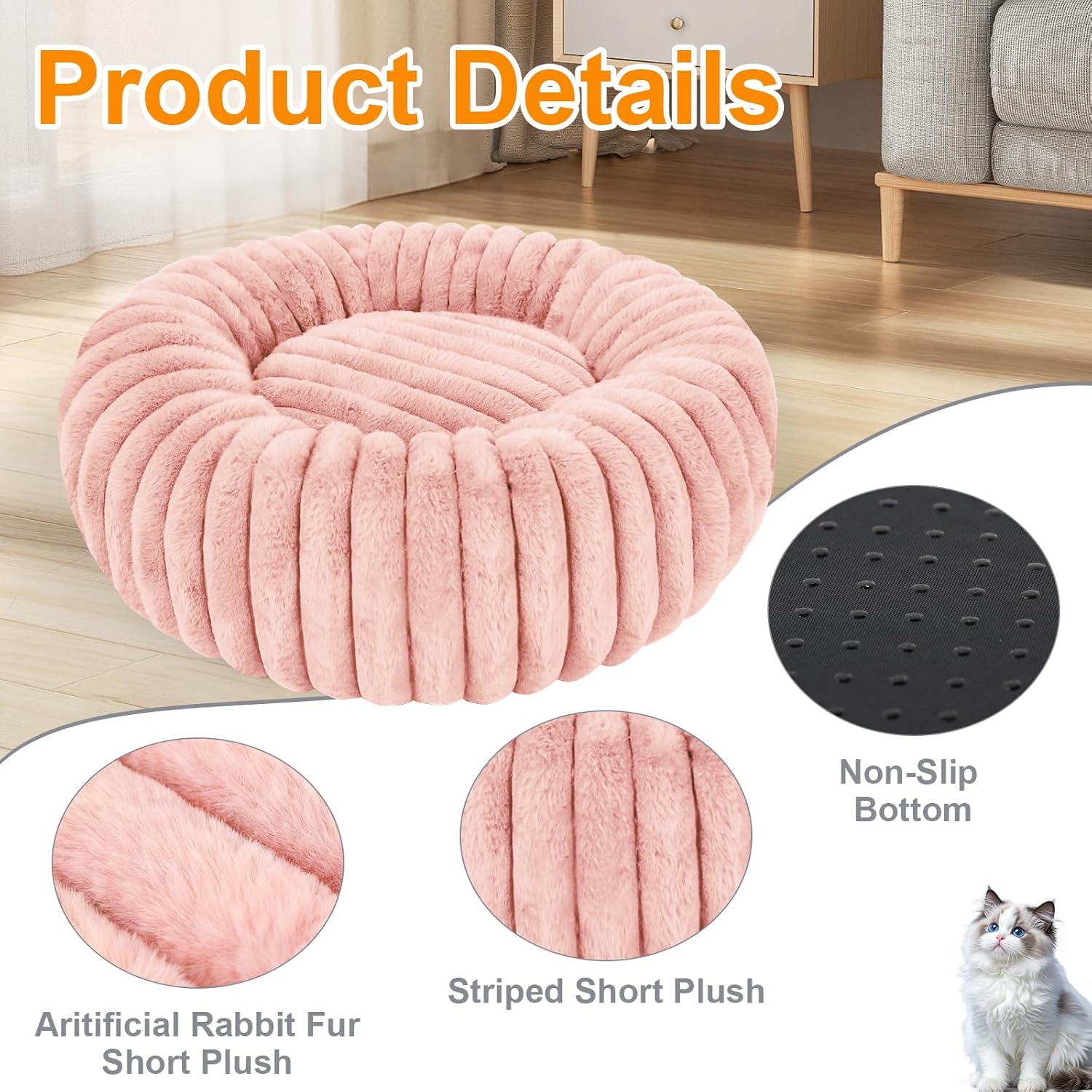 Washable Large Dog Bed,Calming Anti Anxiety Round Donut Dog Bed,Fluffy Puppy Beds for Small Dogs,Cute Kitten Cat Beds for Indoor Cats,Anti-Slip Comfort Pet Beds for Large Size(Pink,XL)