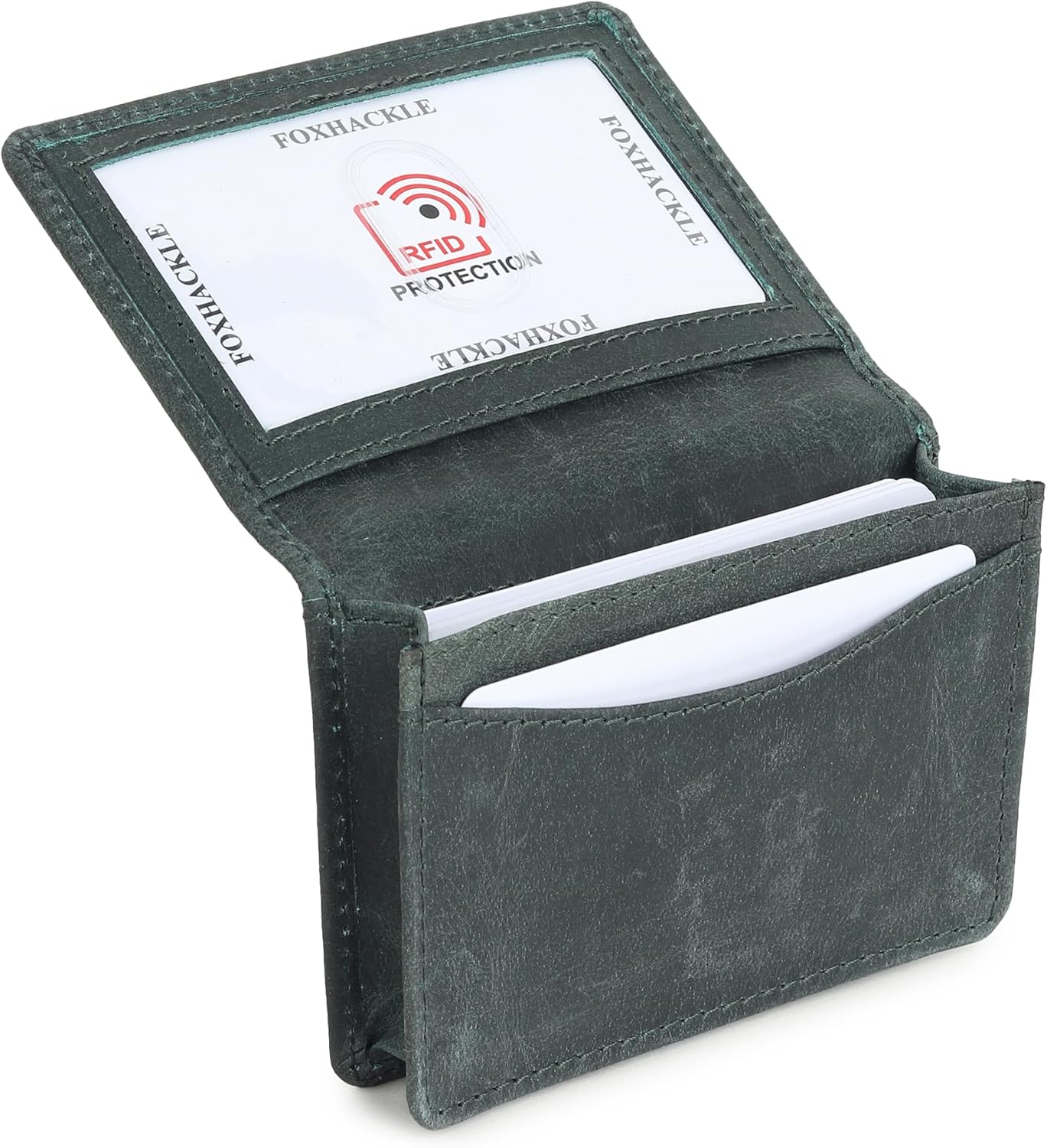 FOXHACKLE Leather Credit Card Holder For Men and Women,Small RFID Blocking Bifold Wallet (With ID Slot, Seattle Green)