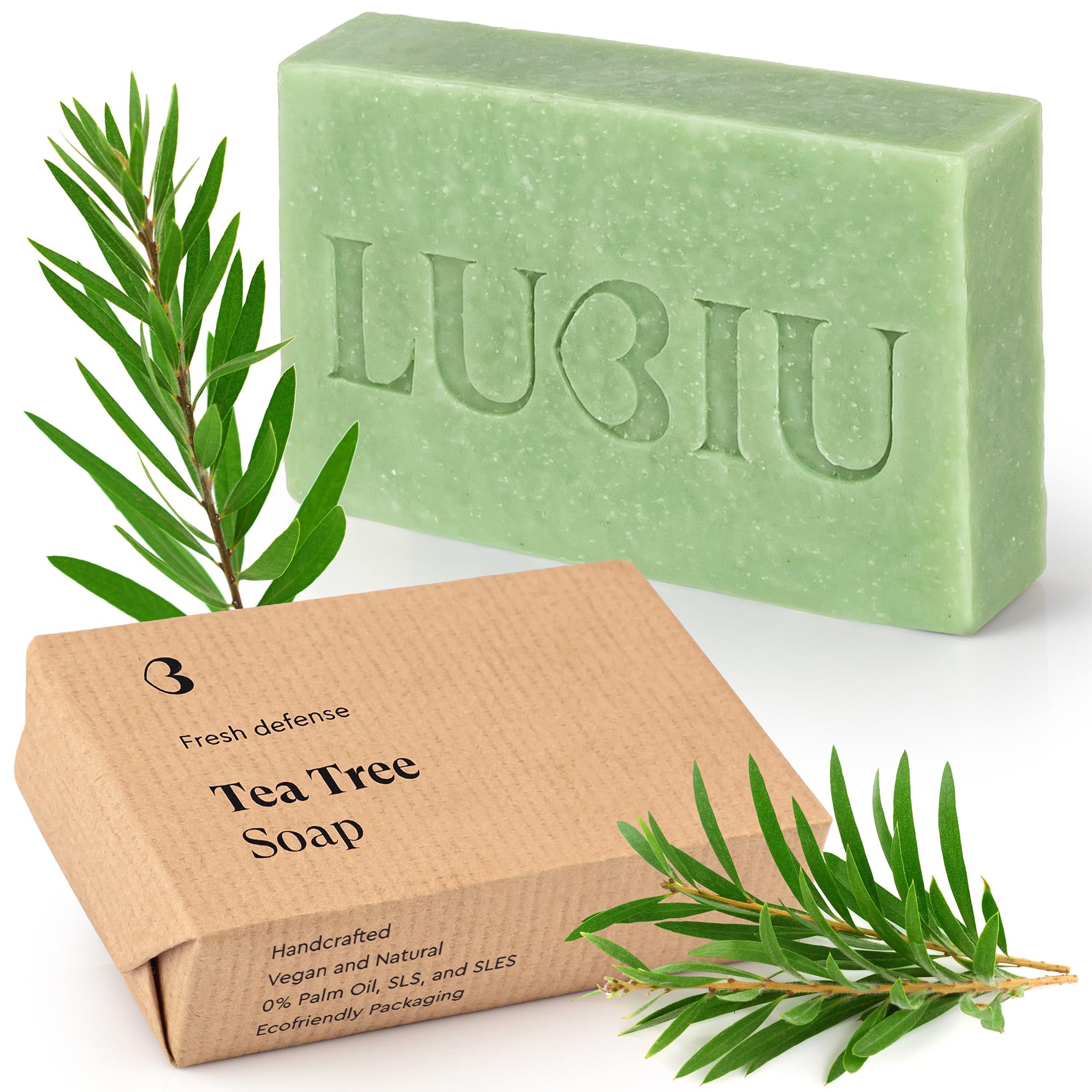 lubiu Natural Tea Tree Soap Bar 100g for Acne Treatment - Face Cleanser and Body Acne - Scented Soap, Green, 100 g (Pack of 1)