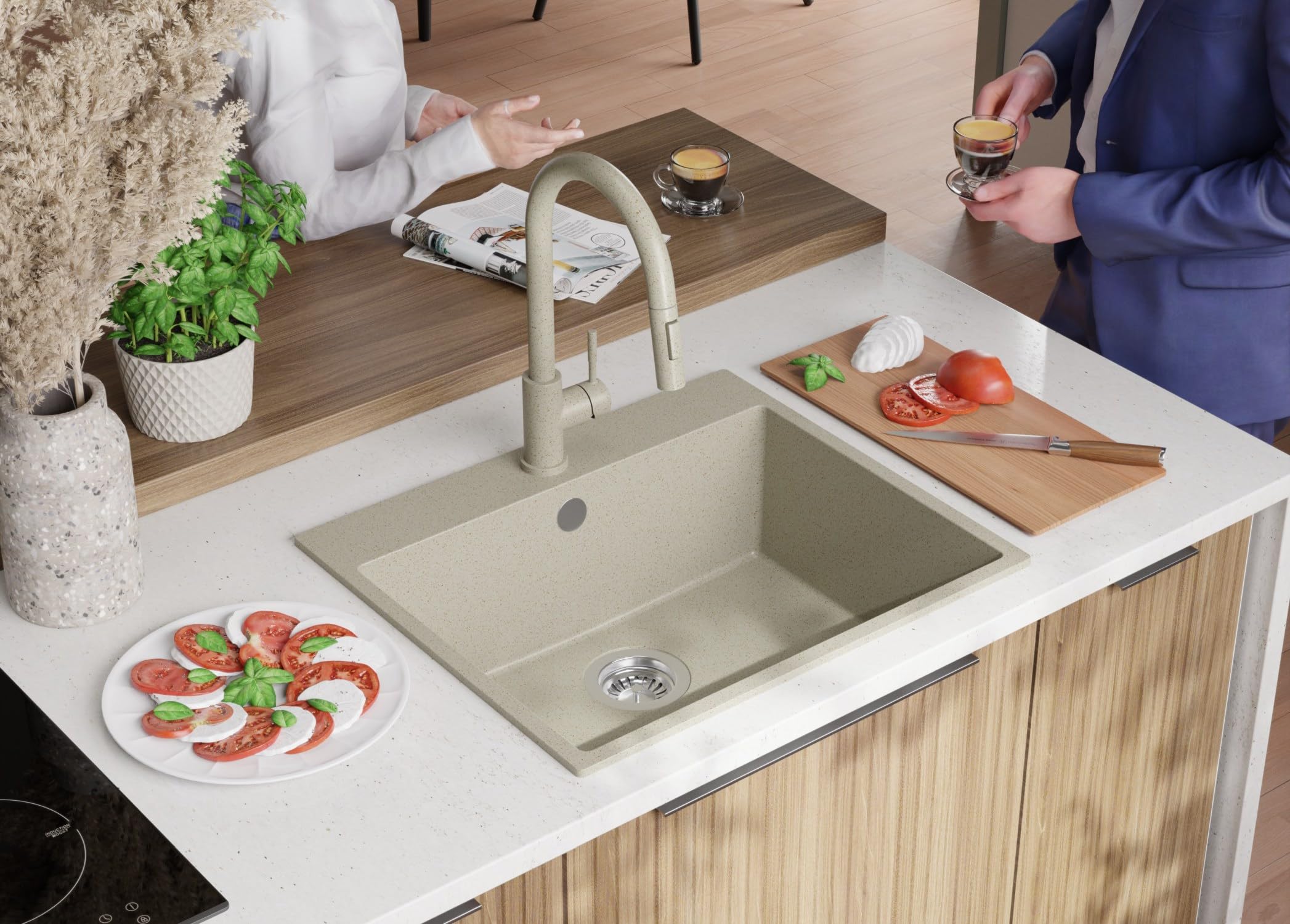 PRIMAGRAN Evier Cuisine en Granit Beige 58x50cm, Lavabo 1 bac + Kit de Vidage, Évier à Encastrer au Meuble 60cm - Riga S310