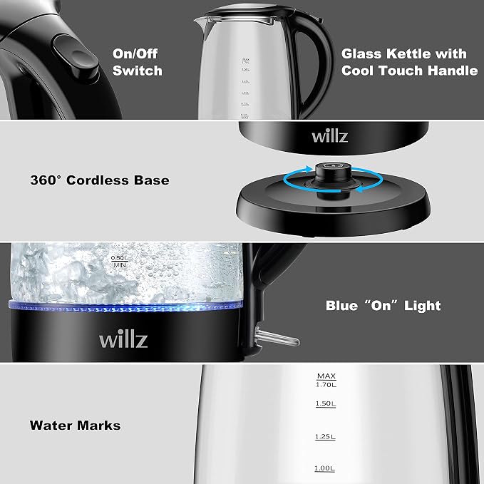 Hervidor eléctrico de vidrio Willz 1.7L, 1500W, negro miniatura 8