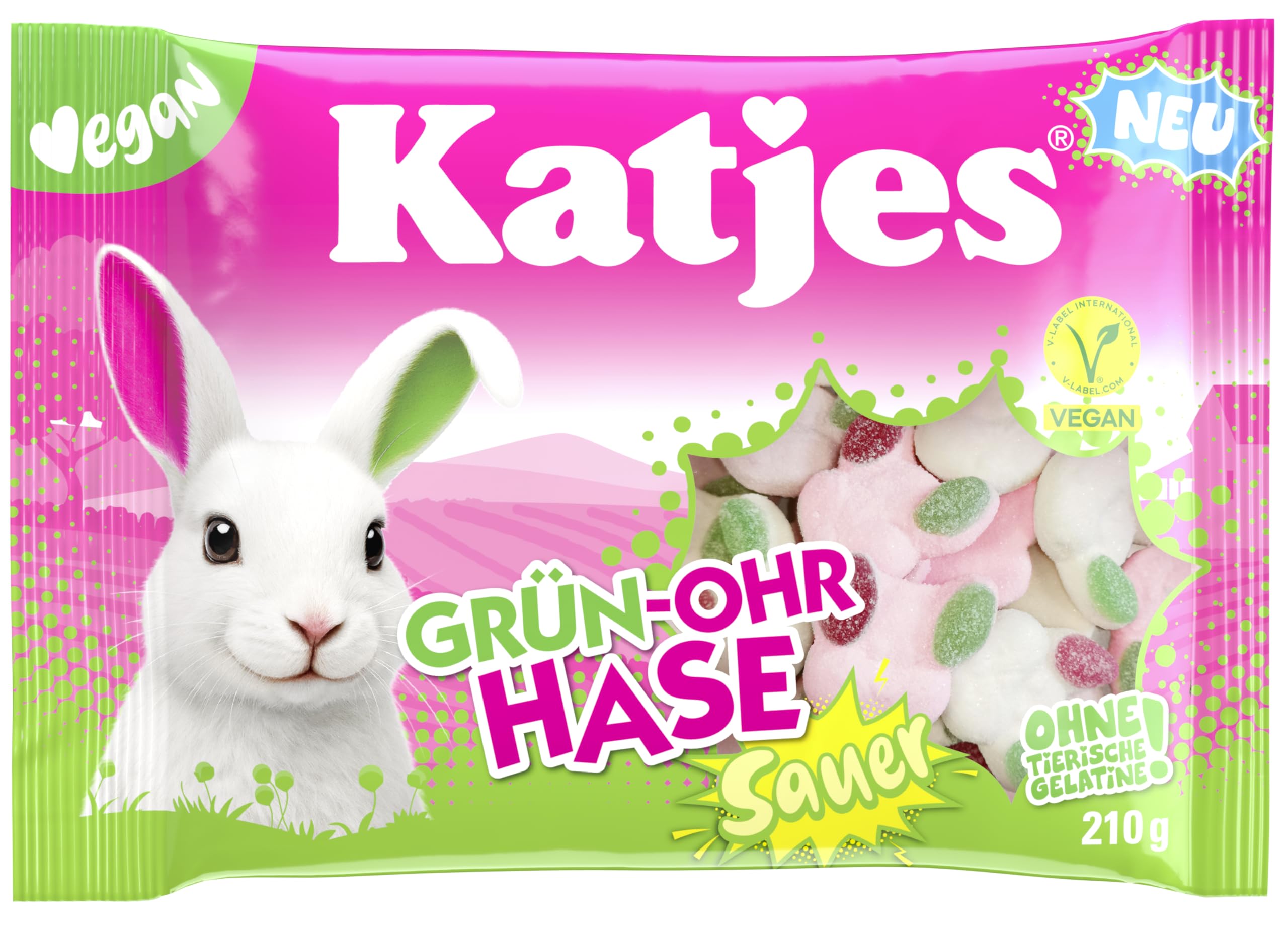 Katjes SAUER Grün-Ohr Hase Vorratspack – Schaumzucker mit Fruchtgummi in Häschen-Form, fruchtiger Mix in unterschiedlichen Geschmacksrichtungen in sauer, Vegan, Halal, 14 x 210 g (Packung mit 2)