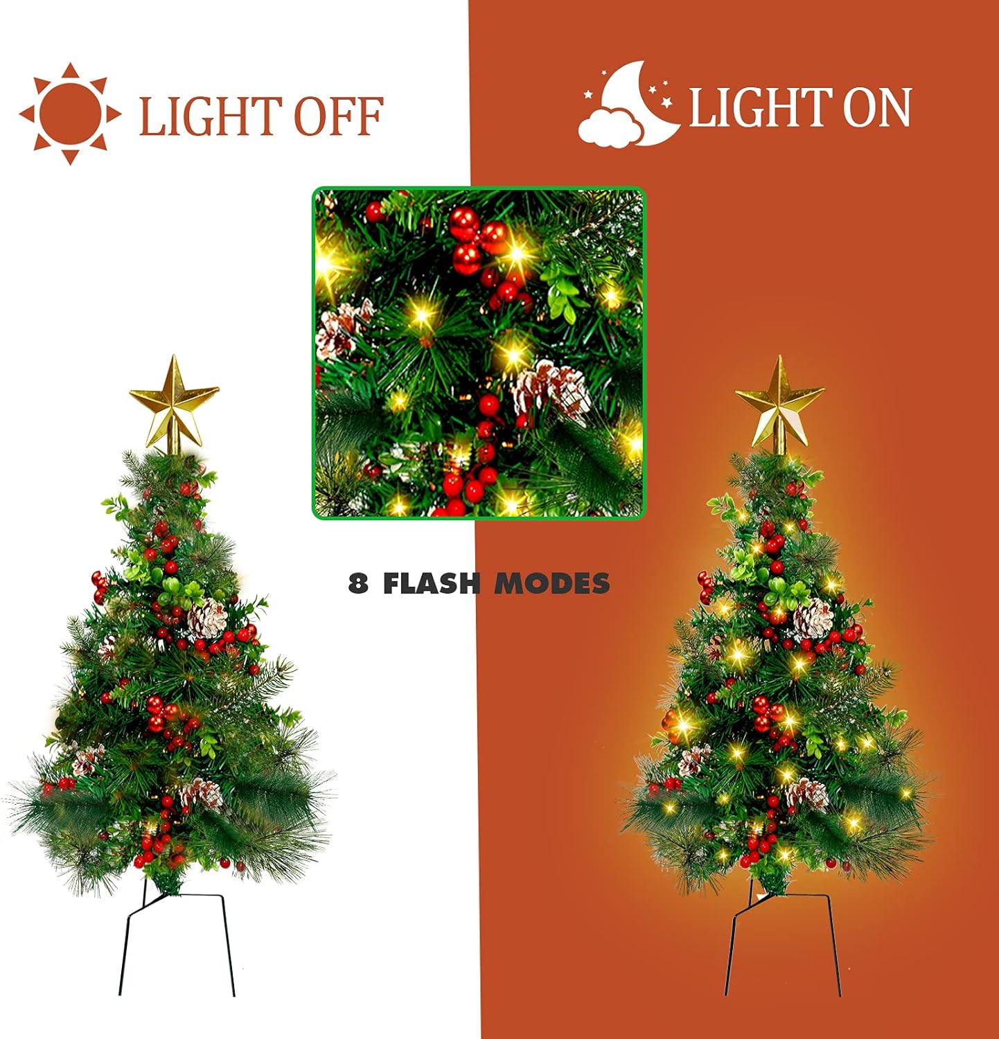 Set of 2 Outdoor Pathway Christmas Tree,2.7FT Pre-Lit Artificial Xmas Trees with Lights,Battery Operated Small Pine Tree,8 Mode,Christmas Decorations for Porch, Yard,Entrance, Grave Ornaments