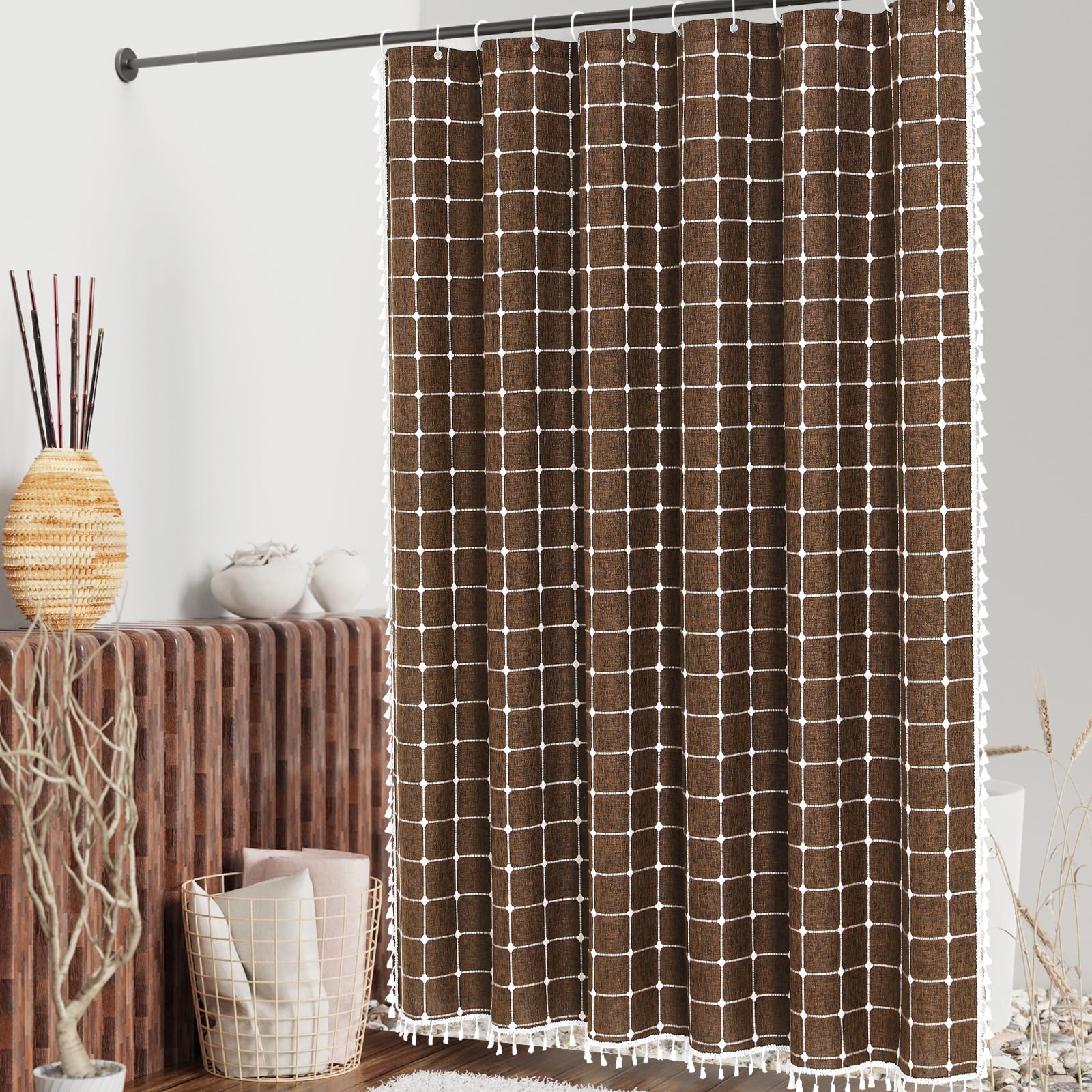 MitoVilla - Tende da doccia in stile bohémien, stile moderno, stile country, in cotone e lino, con nappa, 183 x 183 cm, marrone