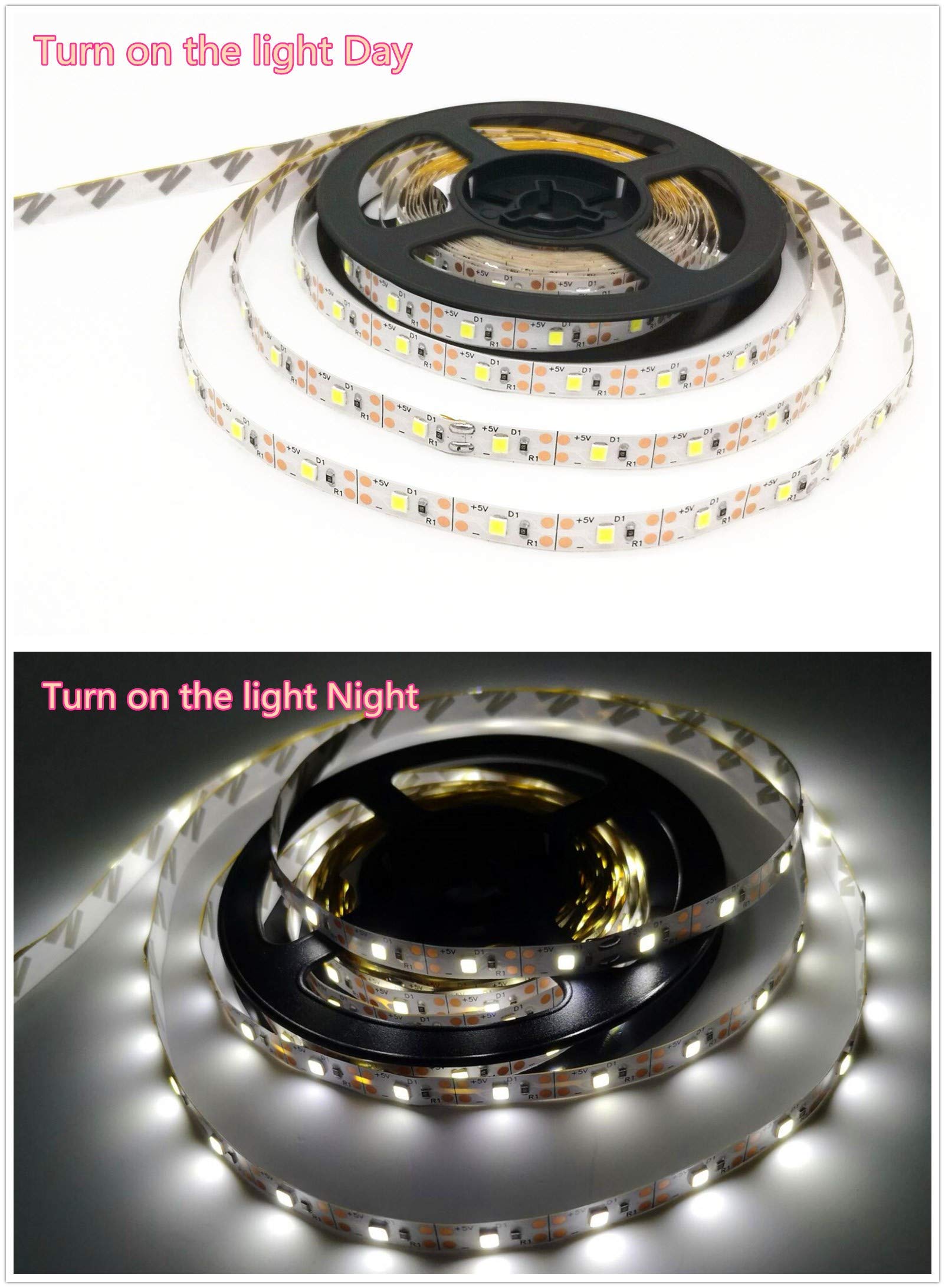 Tira de luces LED alimentada con pilas, sensor de movimiento, tiras de luz LED de luz nocturna inteligente activada por movimiento, tira de luz LED para habitación luz blanca fría, 5 m