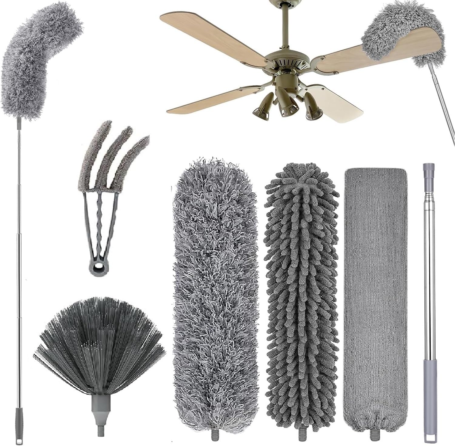 6Pcs Multifunctional Microfiber High Ceiling Duster with Extension Pole 30-100 Inch with Bendable Head for Cleaning Cobweb Window Blinds Furniture Under Bed Sofa Brush - Replacement Combination Set-image-16