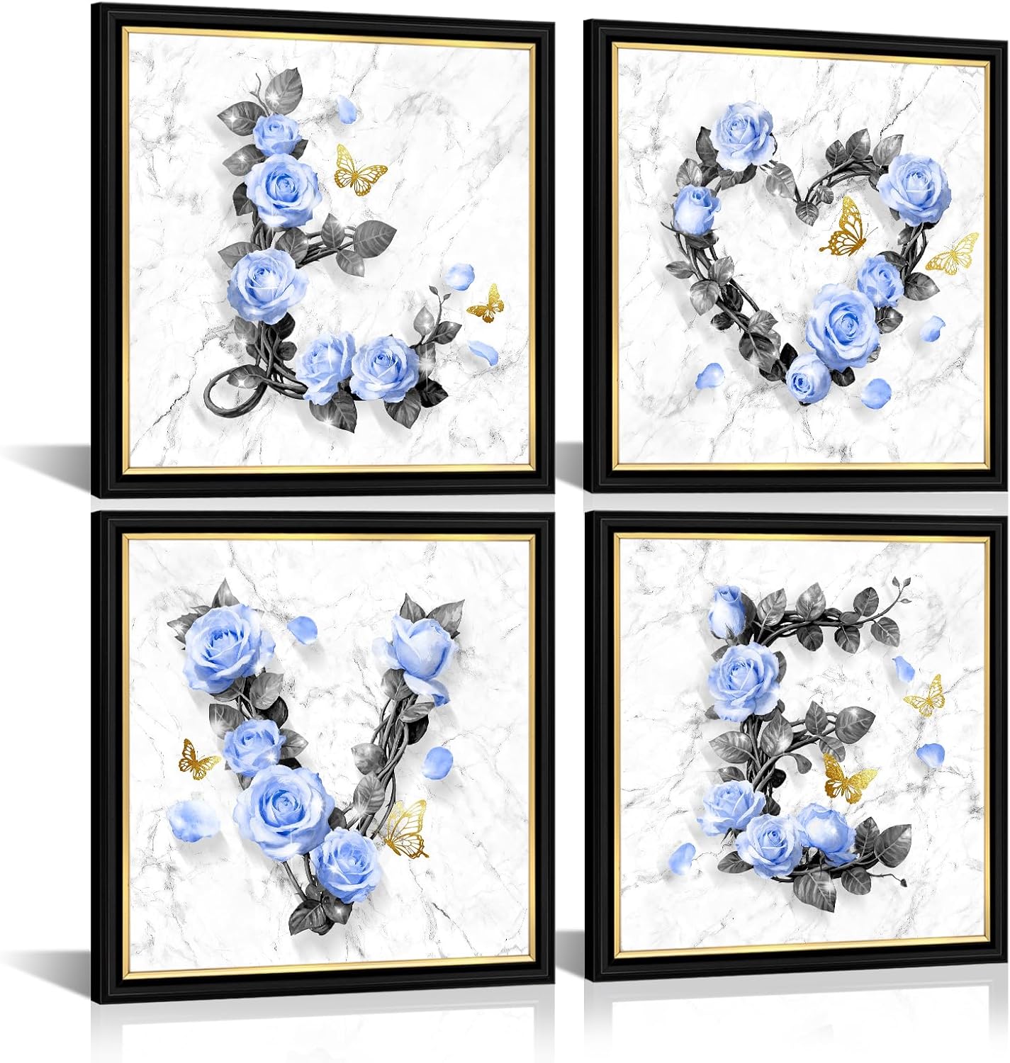 sechars Roses with Butterflies Wall Art Modern Marble Background Flower Pictures Love Heart Floral Bathroom Decor 12"x12"x4 (Blue)