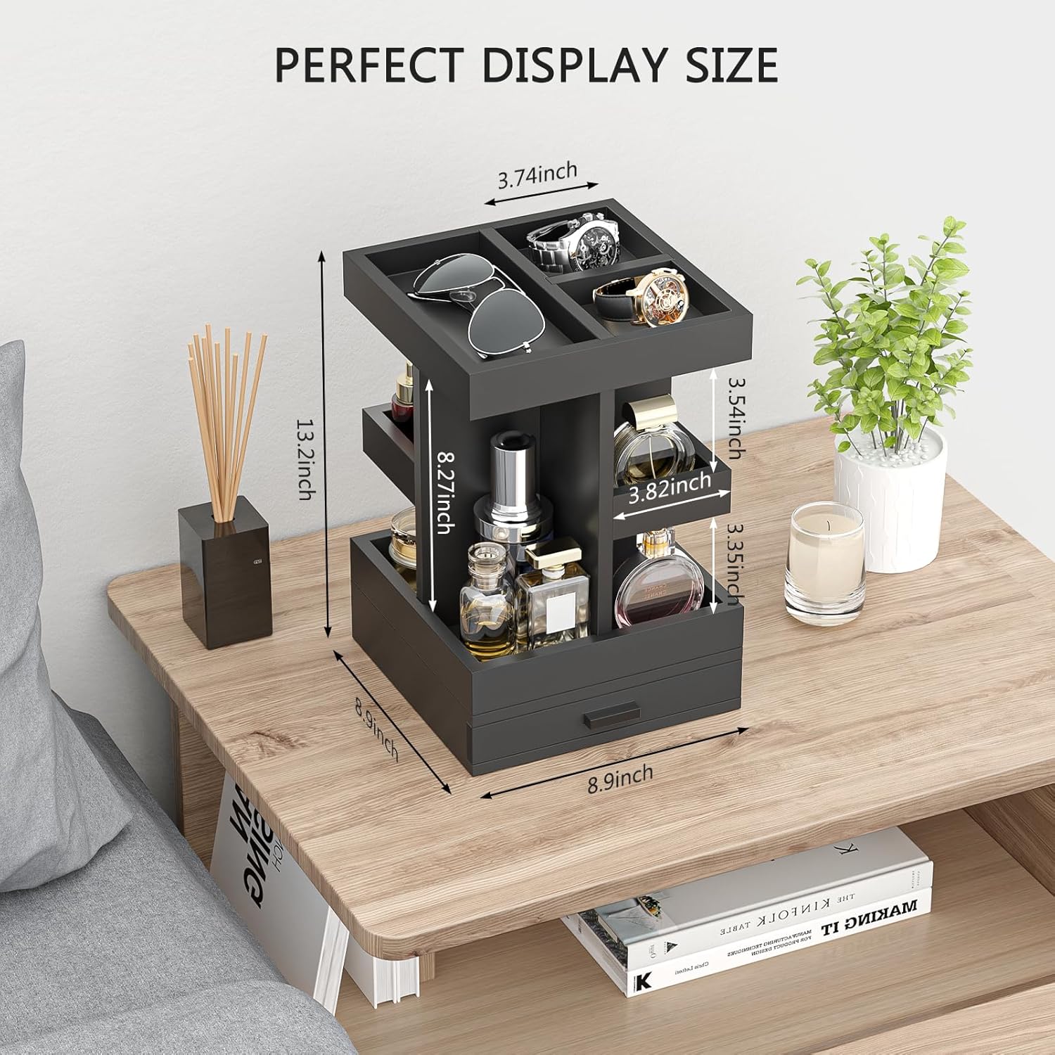 Cologne Organizer for Men, Cologne Stand, 3 Tier Wooden Perfume Organizer, Rotating Mens Cologne Shelf with Drawer, Fragrance Display Holder Desk Organizer, Gift Ideas for Men Him Dad Husband