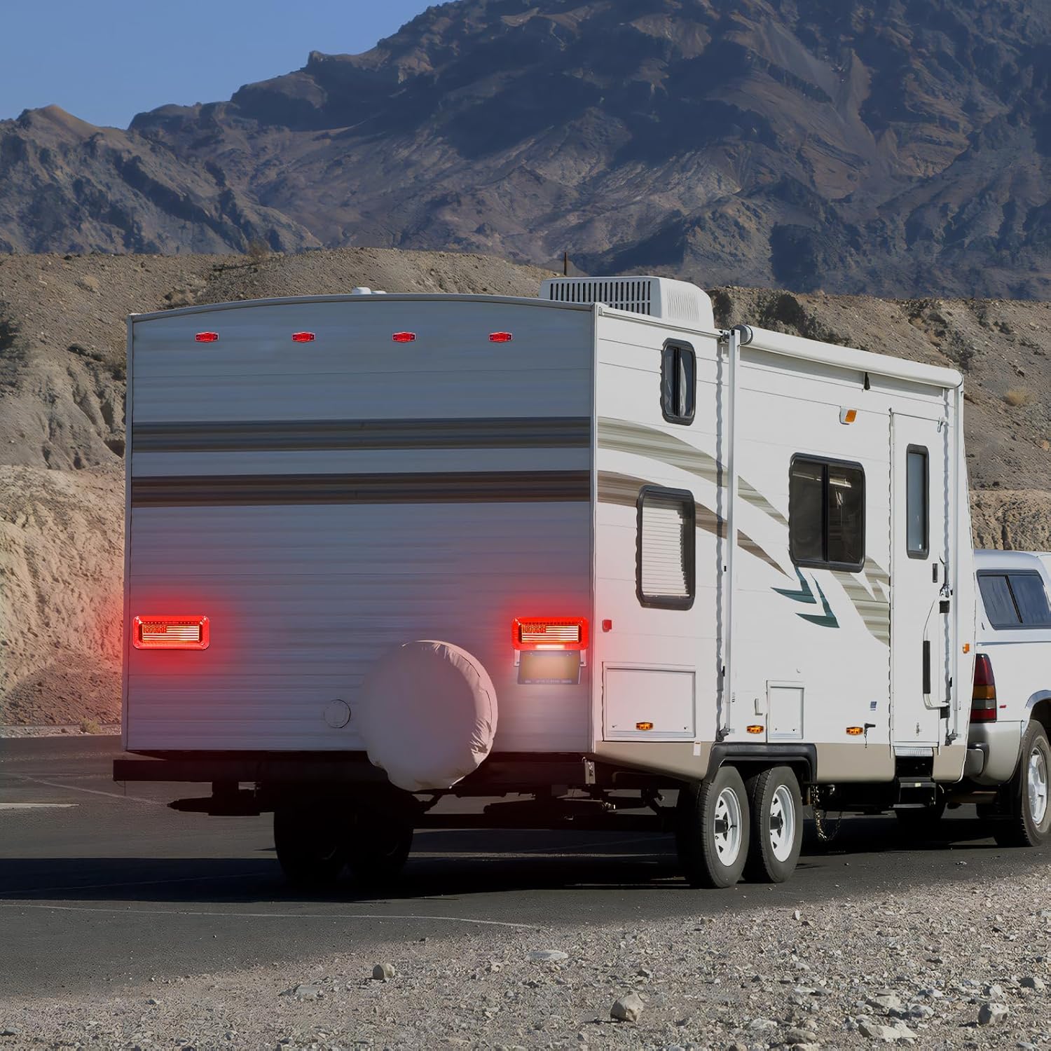 RV Tail Lights, 2PCS 57 LED Camper Trailer Lights With Running/Turn Signal/Brake/Stop License Plate Light, Surface Mount Waterproof Taillights for Camper Van Caravan