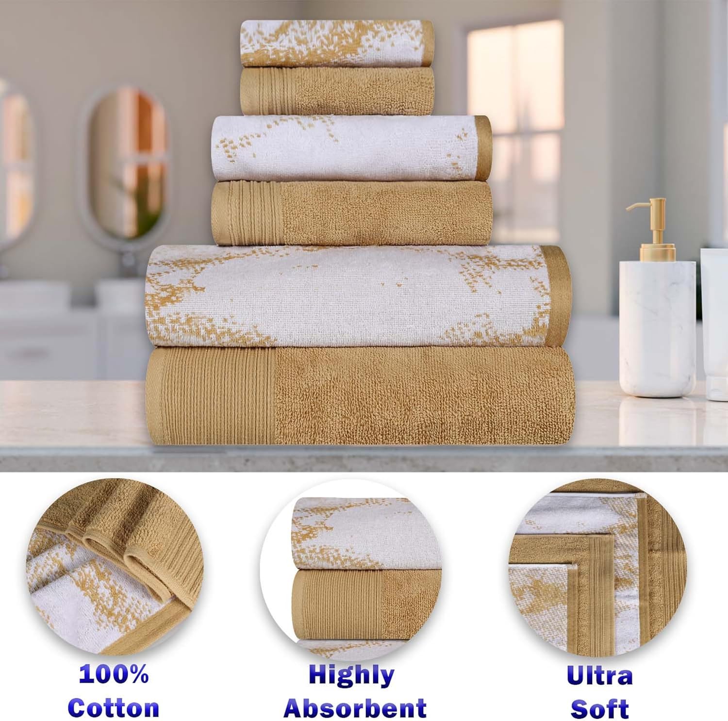 BNM Cotton Marble and Solid Towel Set, Includes 12 Face Towels, Washcloths, Small Towels, Daily Use, Soft, Highly Absorbent, Decorative Bathroom Accessories, Modern Kitchen, Home Essentials, Brown