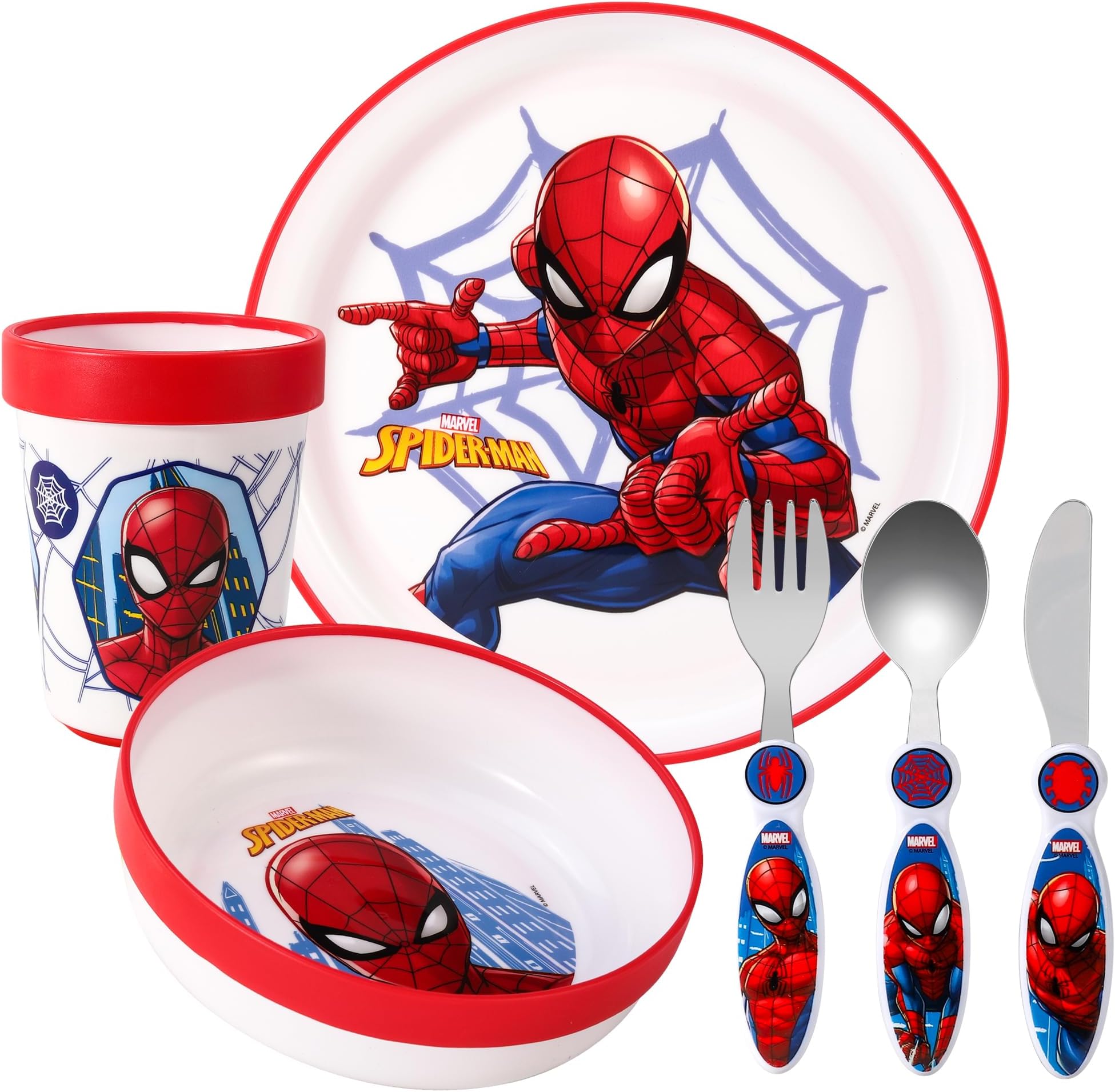 Spiderman Kids 6 Piece Reusable Dinner Set - Plate/Bowl/Cup/Knife/Fork/Spoon - Childrens Dinnerware Tableware Cutlery Set