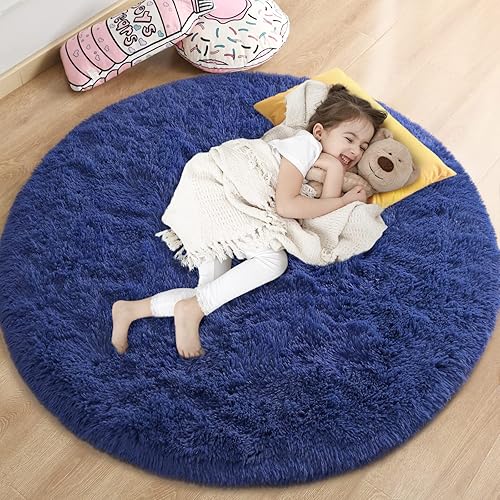Alfombra redonda azul marino para dormitorio de niñas, alfombra circular esponjosa de 4 x 4 pies para decoración de habitación de niños, alfombra