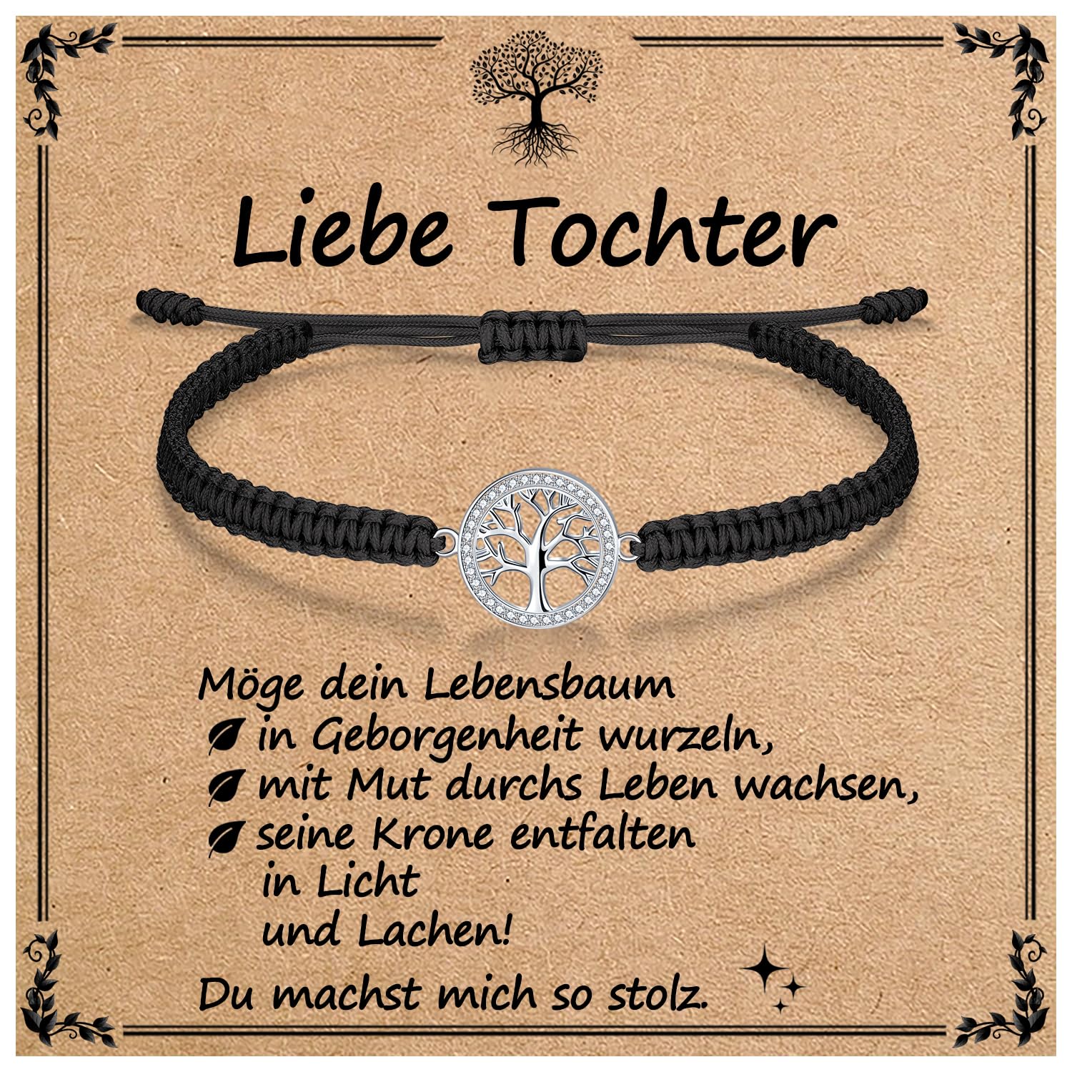 J.Endéar Lebensbaum Armband für Frauen Mädchen Geschenk mit Segenskarte | 925 Sterling Silber, Cubic Zirkonia & Geflochtene Kordel | Geschenk für Geburtstags, Weihnachtstag, Motivations