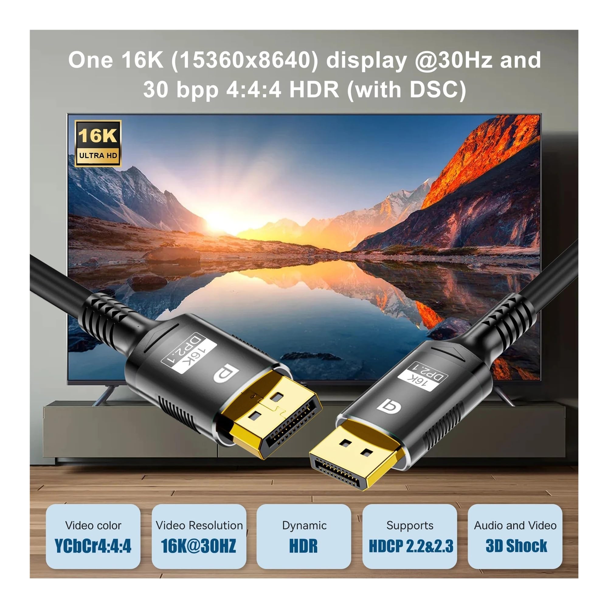 Câble DisplayPort 2.1 (16K À 30 Hz/8K À 60 Hz/120 Hz, 80 Gbit/s) – Compatible Avec Les Téléviseurs HD/Box, For Un Visionnage Ultra HD.(16K DP 2.1,3m)