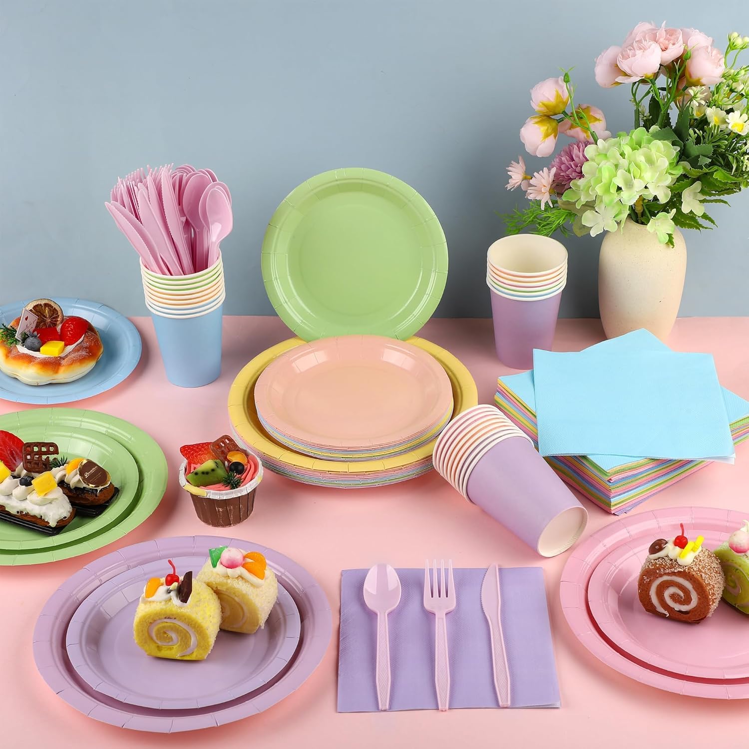 Kochorie 216 Pcs Pastel Rainbow Party Supplies Set, Disposable Macaron Paper Tableware Set 7 Inch & 9 Inch Plates Cups Napkins Cutlery for Birthday Baby Shower Pastel Party Decorations, Serve 24