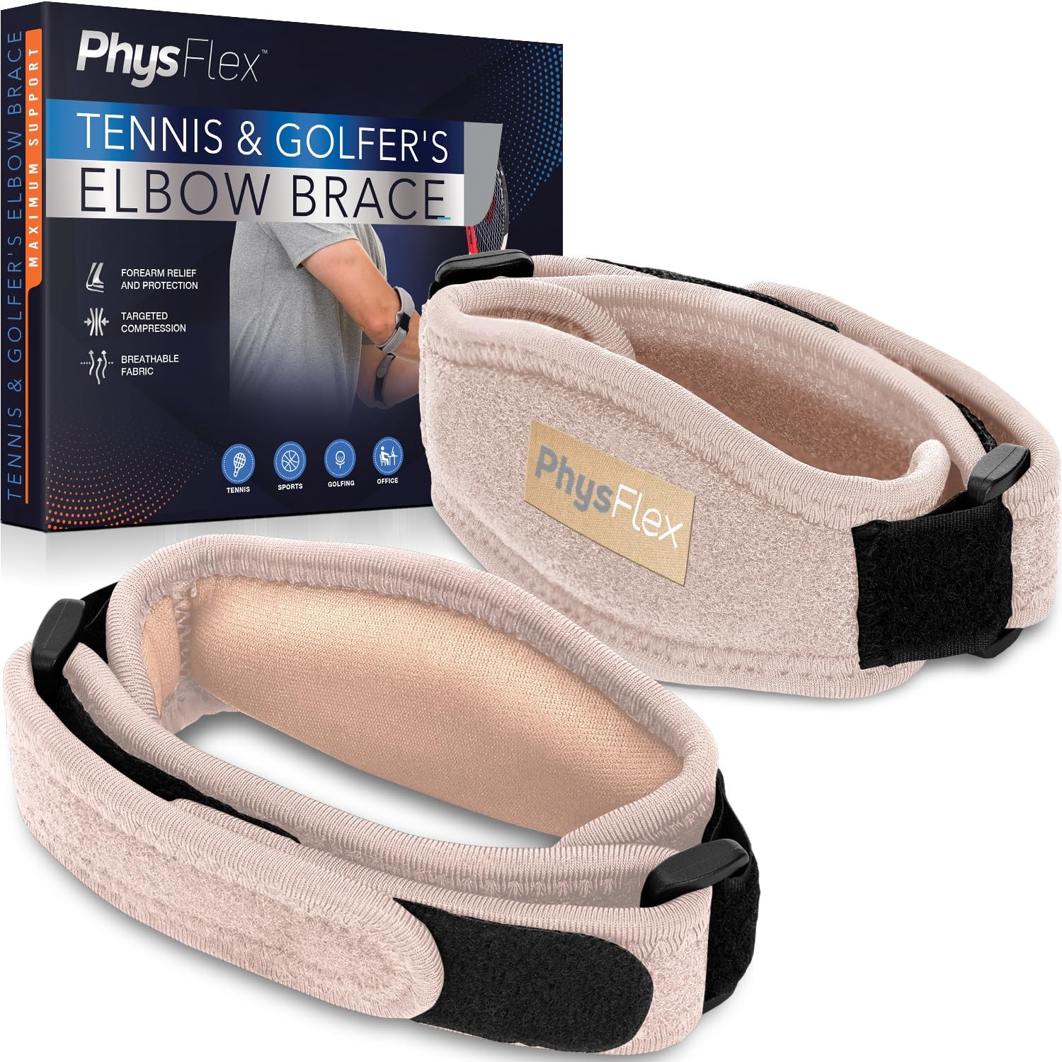 PhysFlex 2-Pack Elbow Brace for Men & Women, Adjustable Tennis & Golfer's Elbow Support Strap for Tendonitis Pain Relief - Compression Pad for Arm, Forearm, Tendon Pain Relief