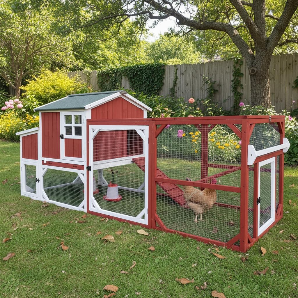 95.3" L Large Chicken Coop with Run, Chicken Tractor Hen House with 3 Nesting Boxes, Wheels, Portable Outdoor Quail Hutch Poultry Cage for 2-4 Chickens with 6 Access, Removable Tray(Red)