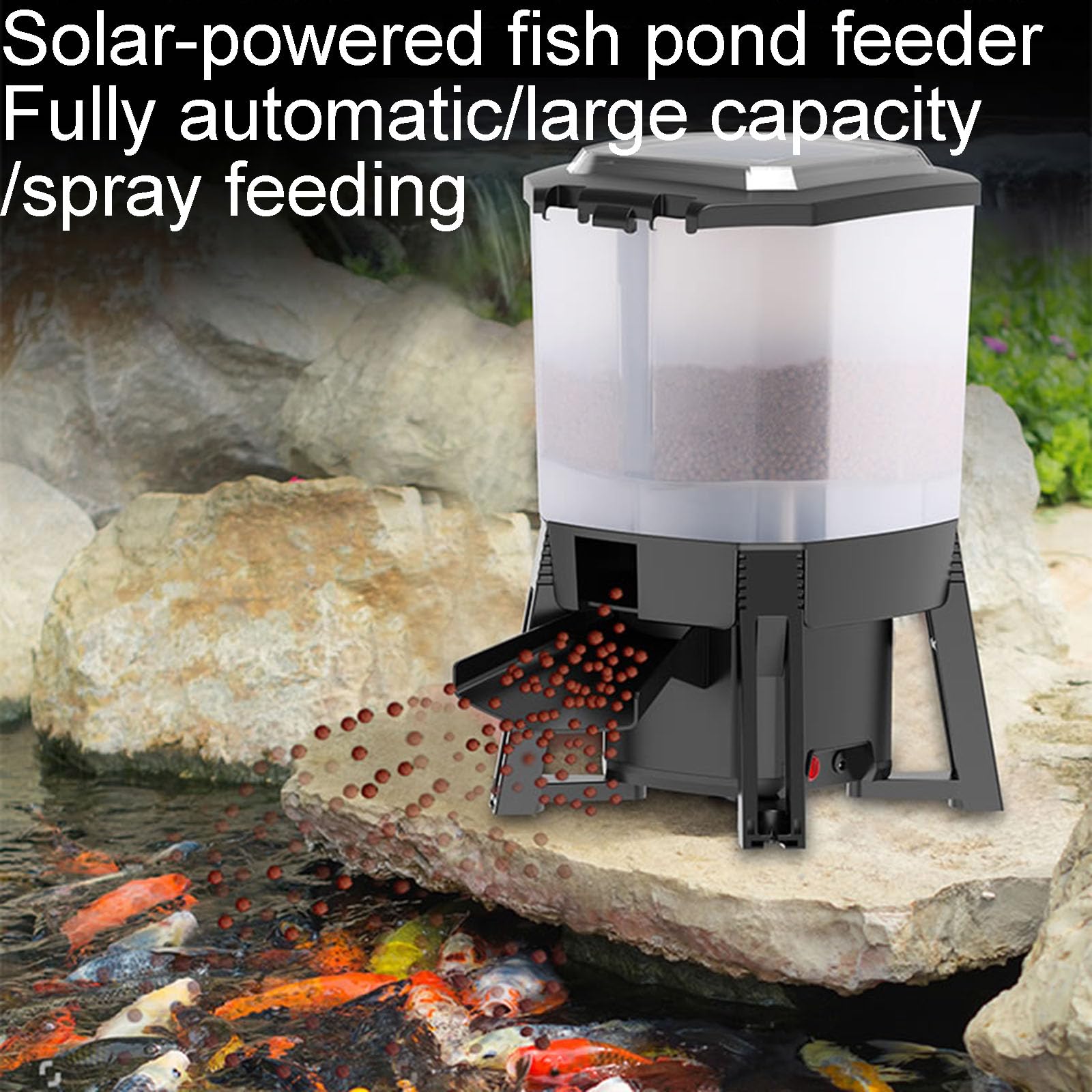 Mangeoire automatique à charge solaire pour étang à poissons – Capacité de 6 L – Trémie transparente – Alimentation par pulvérisation à 120° – Idéal pour les étangs à poissons extérieurs – Facile à