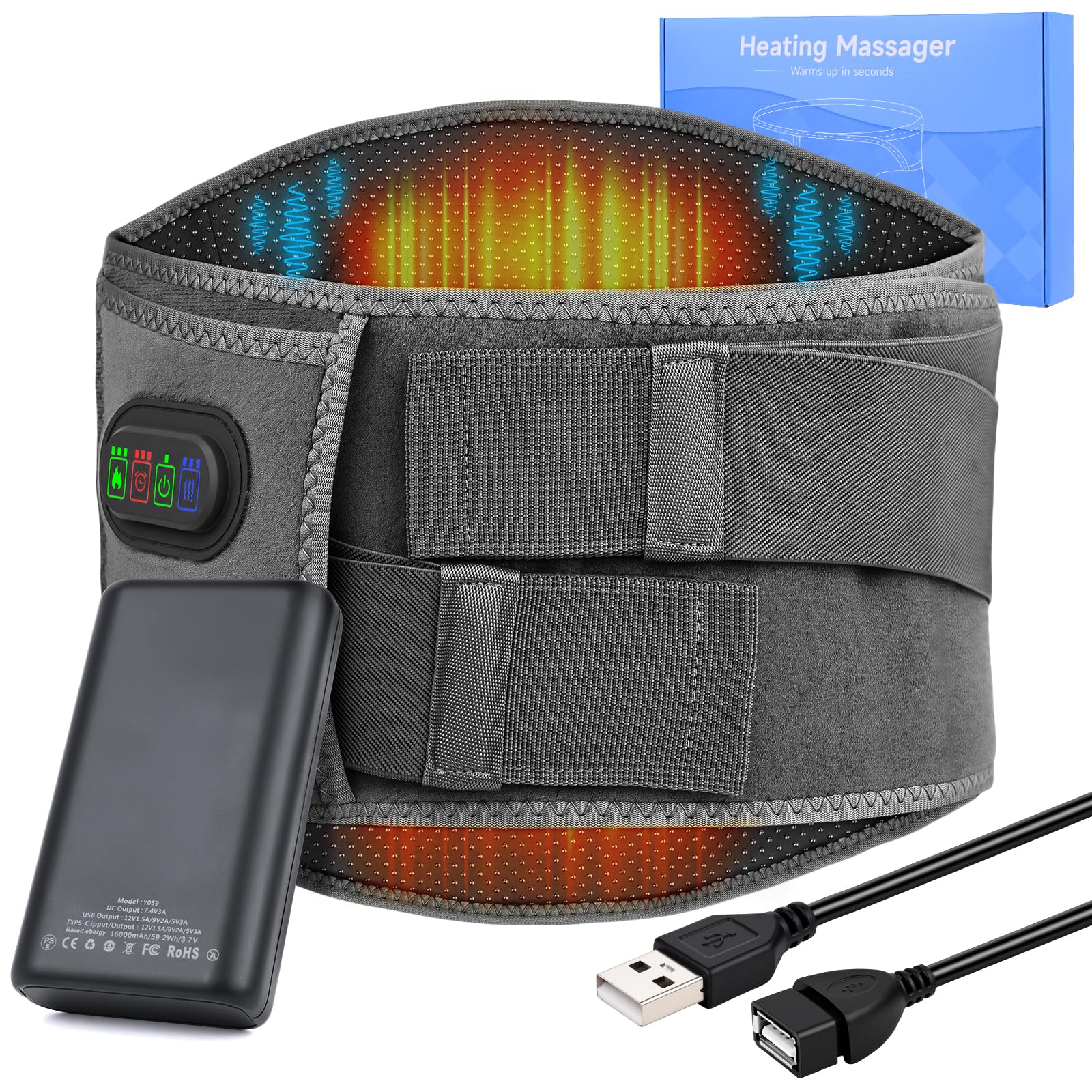 Ceinture Lombaire Chauffante, 16000mAh Batterie Coussin Chauffant Electrique pour La Taille Sans Fil, Ceinture Massante Chauffante avec 3 Modes De Massage et 3 Niveaux de Température,Timer (Gris)