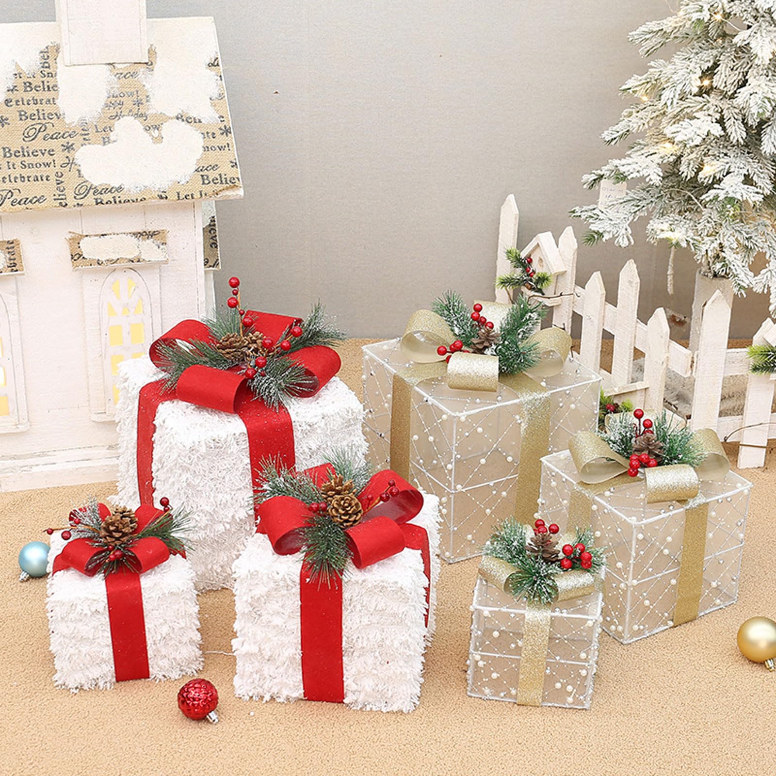 Juego de 3 Cajas de Regalo Iluminadas de Navidad,Decoración de Caja de Nochebuena,Iluminaciones de Navidad,Blanco Cálido Decorado con un lazo,agujas de pino y frutos rojos,para Hogar Jardín Fiesta