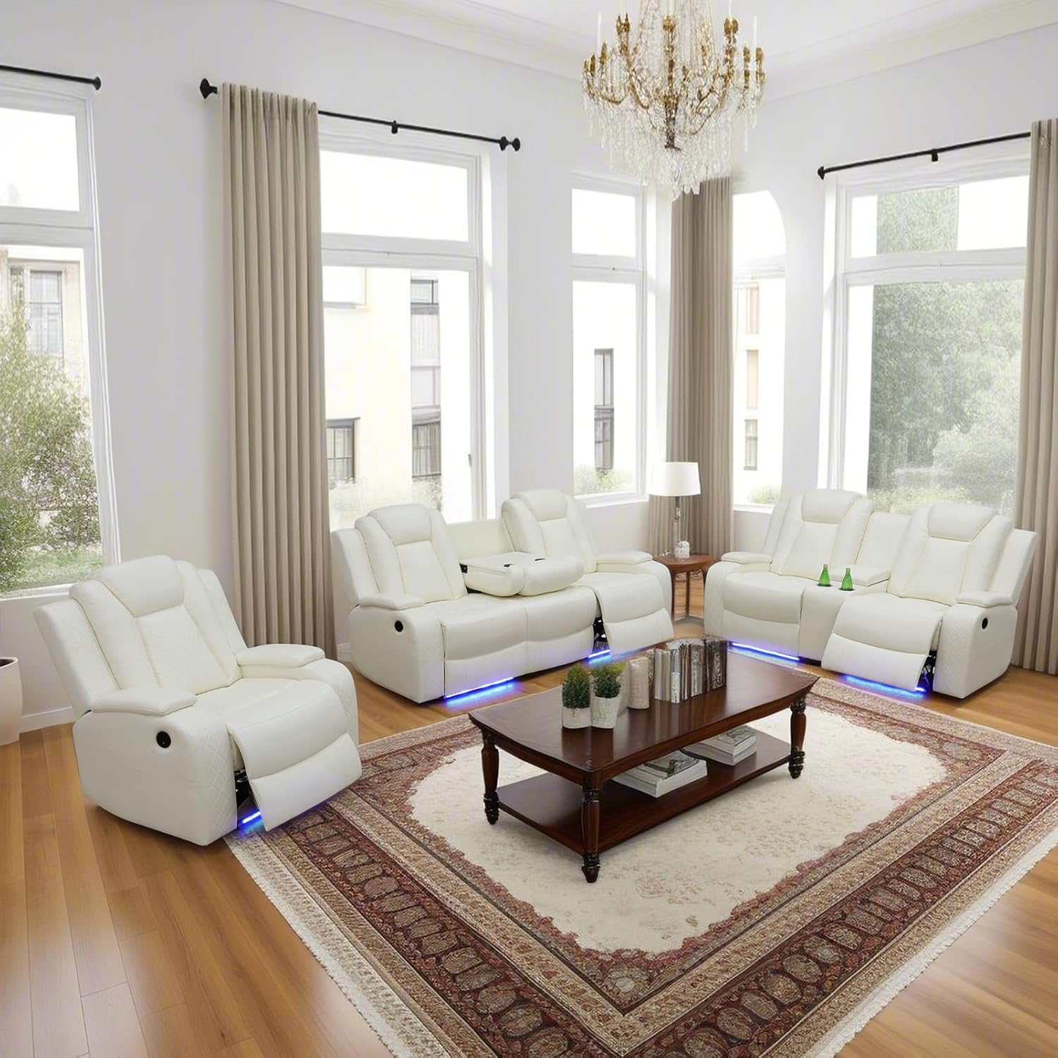 Amazon.com: Leather Power Recliner Sofa 3 Piece Couch Set With Led, Living Room Furniture With ...