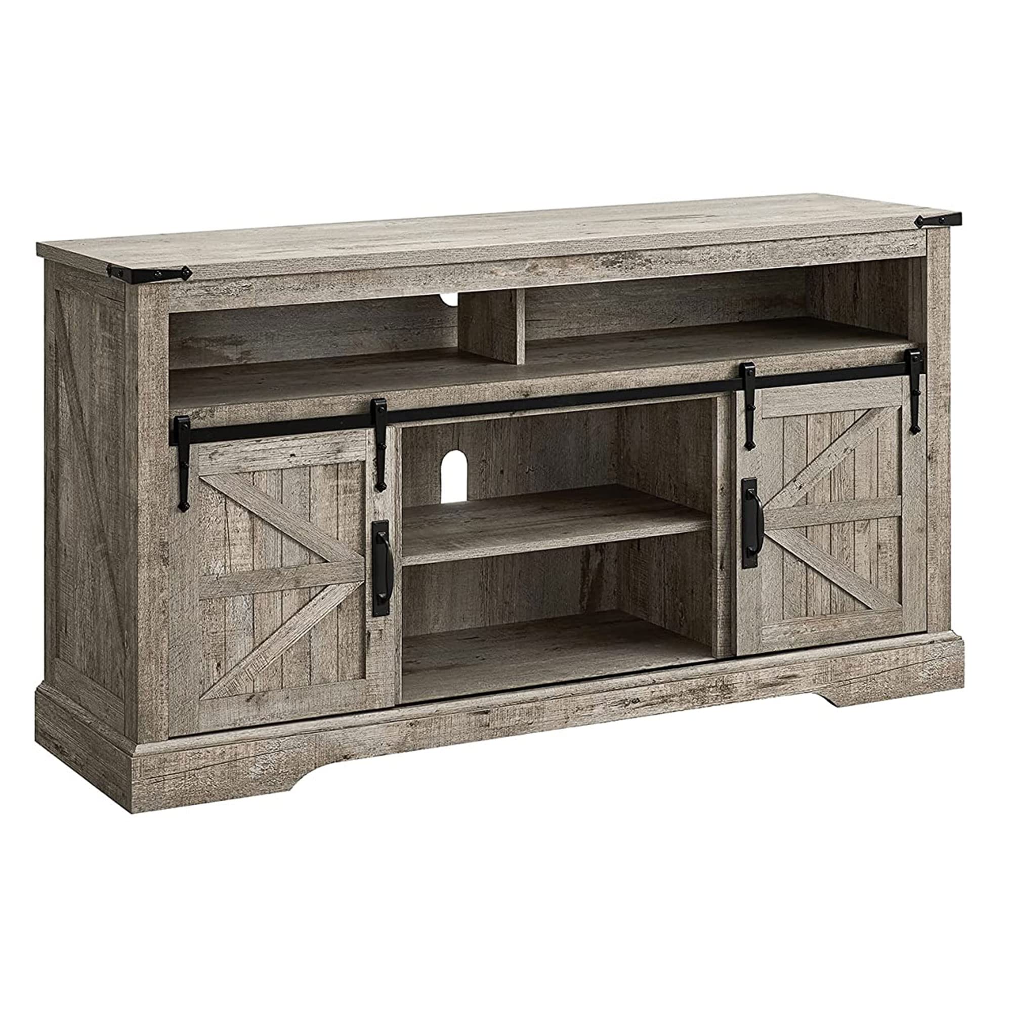 OKD Farmhouse TV Stand for 65+ Inch TV, 33" Tall Highboy Entertainment Center w/Sliding Barn Door, Rustic Media Console w/Storage Shelves, Wood Television Stand for Living Room, Light Rustic Oak