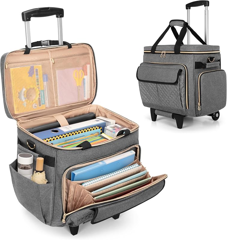 Bolsa con ruedas para profesora con ruedas y compartimento para portátil de 15,6", gris | Maletín con ruedas para mujer con área de archivo de acordeón, bolsa de mano para profesora para el trabajo con plataforma rodante desmontable y correa para el hombro