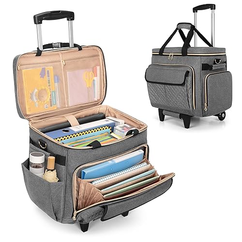 LUXJA Rolling Teacher Bag with Laptop Compartment and Detachable Dolly, Multifunctional Rolling Briefcase with Accordion File Area (Patented), Gray