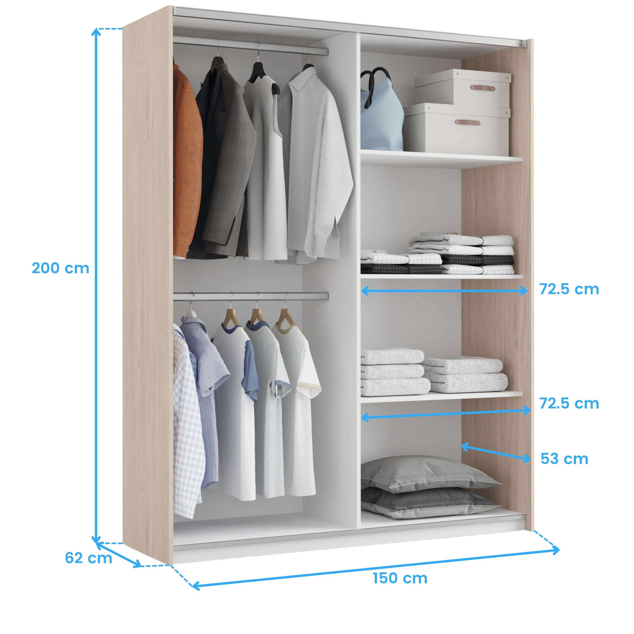 MUEBLES PITARCH | Armario Dormitorio Ropero 2 Puertas Correderas Perfil Aluminio 2 Barras, Blanco y Roble Aurora, 200x150x62cm (Alto x Ancho x Fondo), Moderno, Modelo Onix
