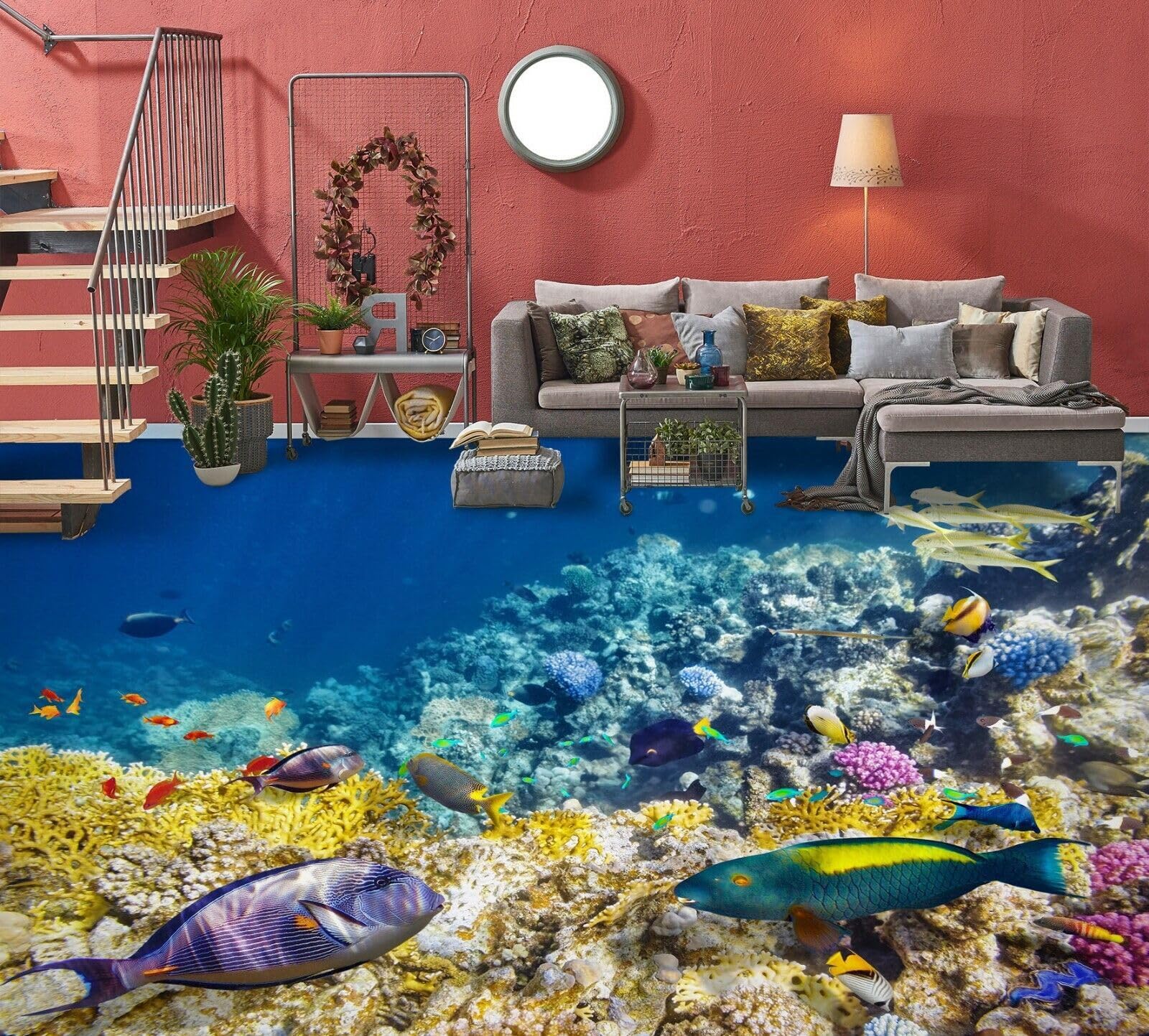 Cartel De Decoración De Piso Murales de papel pintado 3D para suelo de peces oceánicos, 250 * 175 cm palillos autoadhesivos para azulejos de piso para sala de estar, cocina, baño, escaleras, pisos