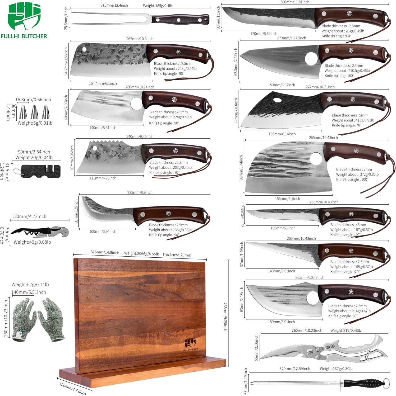 FULLHI 19pcs Butcher Chef Knife Block Set with Meat Fork Scissors Knife Holder, High Carbon Steel Full Tang Cleaver Kitchen Knife Set for Home, BBQ, Camping