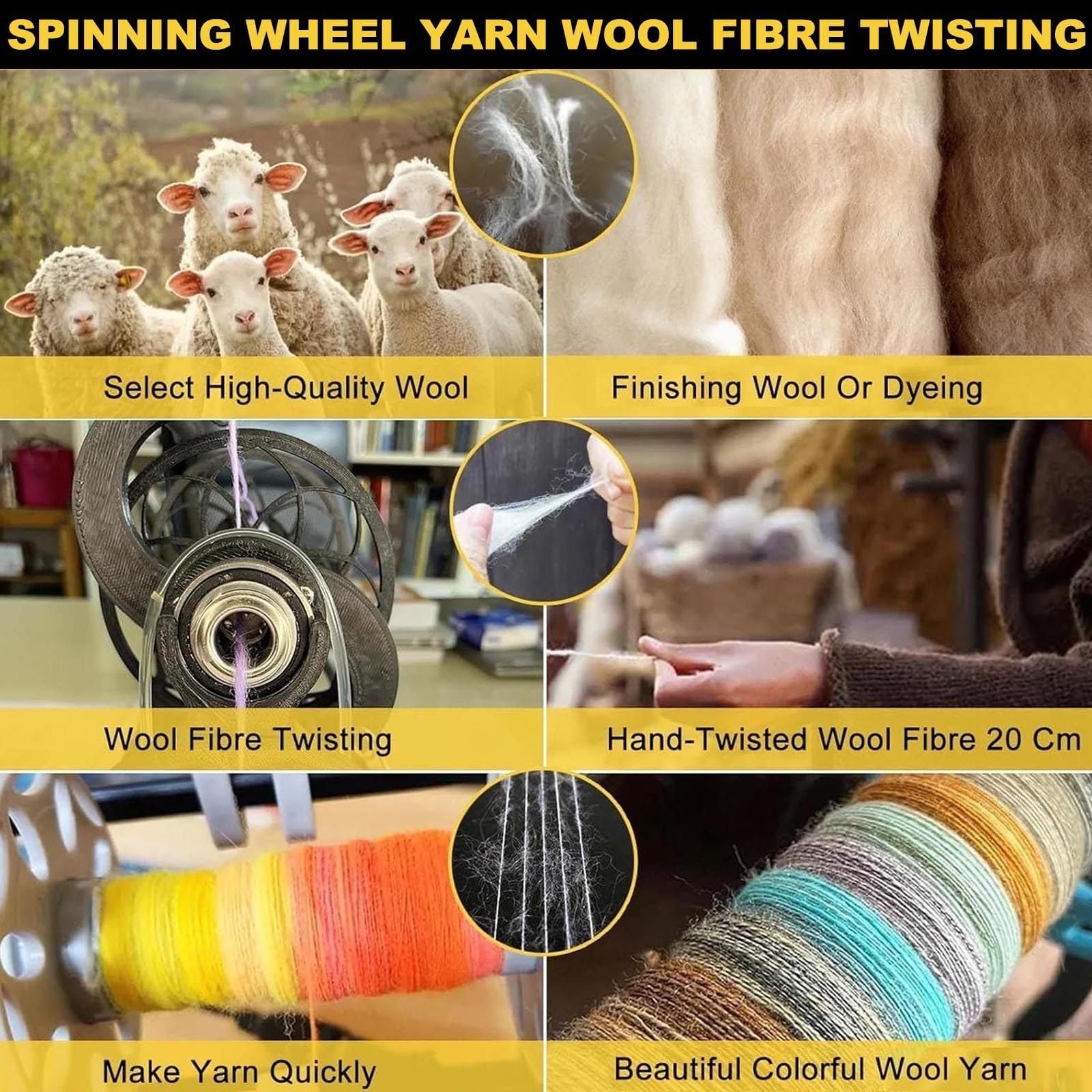 Garnspinnrad Elektrisches Spinnrad, 120 G Automatische Garnwickelmaschine, Hunde- Und Katzenhaar-Wollspinngarn, 3 Spulen, Fußschalter, 800 U/min(Black)