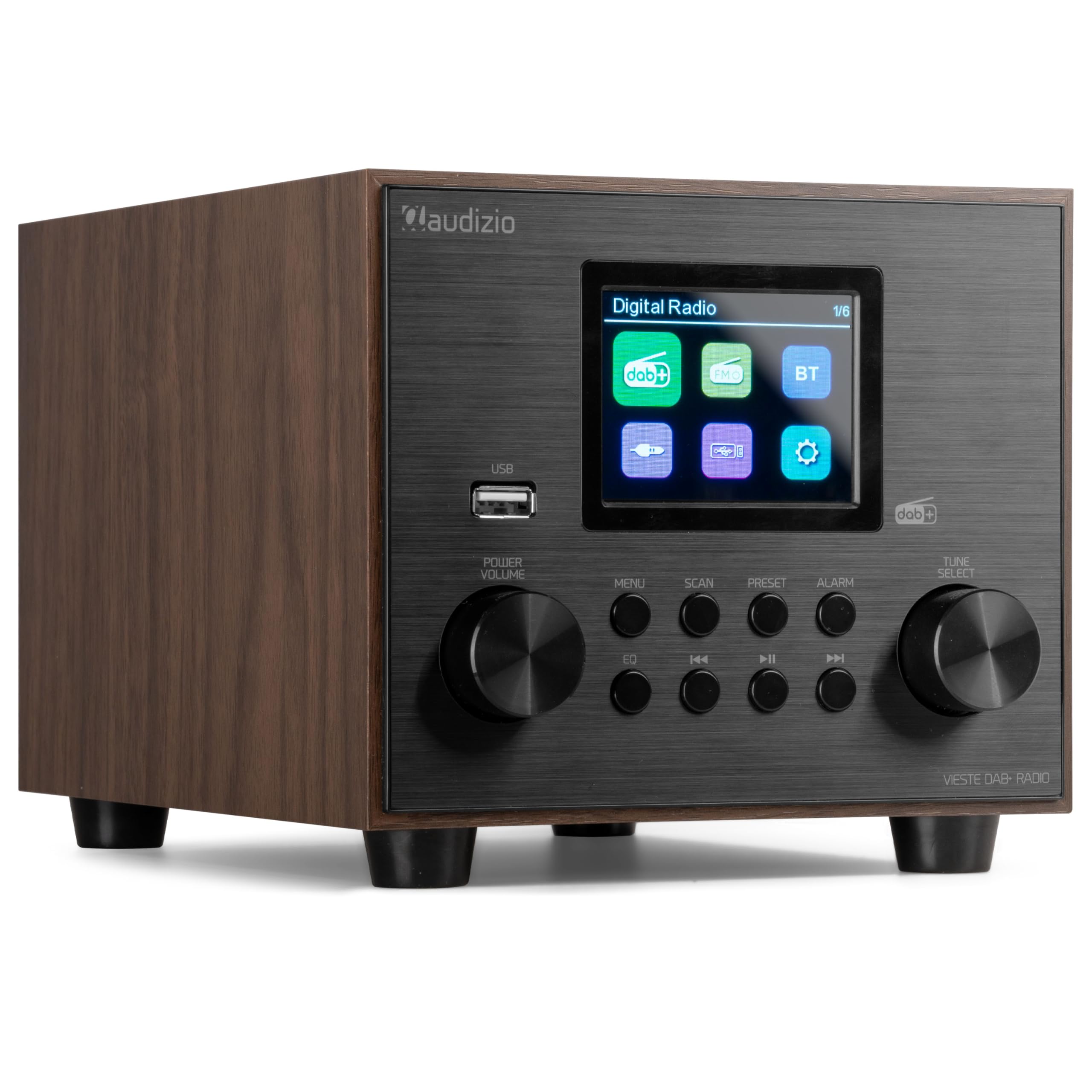 Audizio Vieste - DAB Radio mit Bluetooth, 60 Watt Lautsprecher, DAB Plus Radio mit USB Anschluss, FM & UKW, Weckerfunktion, 20 Speicherplätze, Auto-Suchlauf, Holz Braun