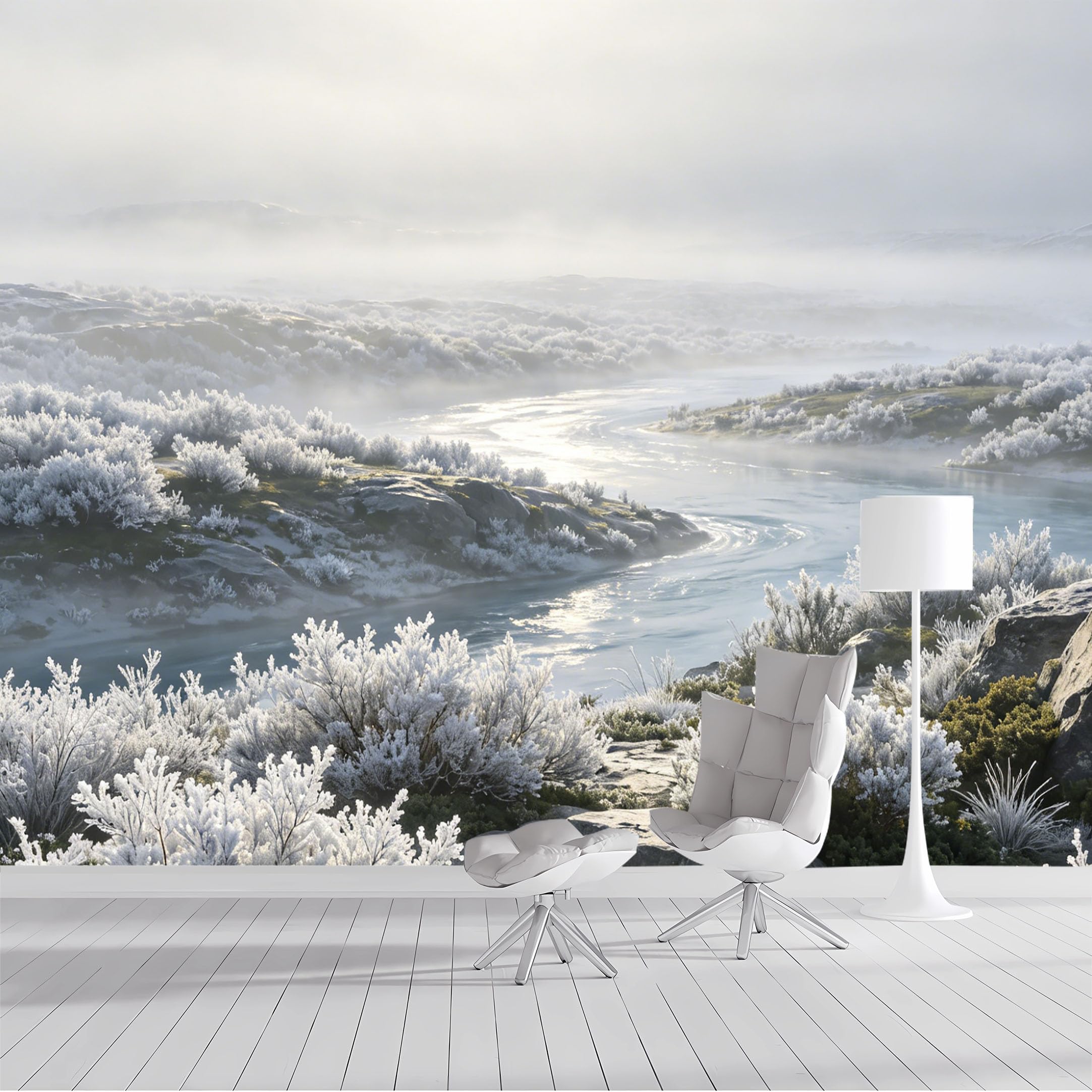 Custom Size Wall Mural Frosty River Winter Landscape Mountain Valley Morning Mist Nature Scenery SelfAdhesive Wall Fabric Removable Peel and Stick Wallpaper for Living Room Bedroom