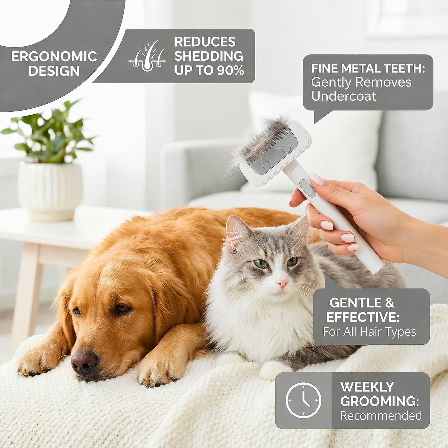 Pet Hair Remover, 4-in-1 — Cat & Dog Reusable Lint Roller, Deshedding Brush, Dematting Undercoat Rake & Grooming Slicker Comb for Couch, Carpet, Bed, Clothes, Furniture & Car Seat