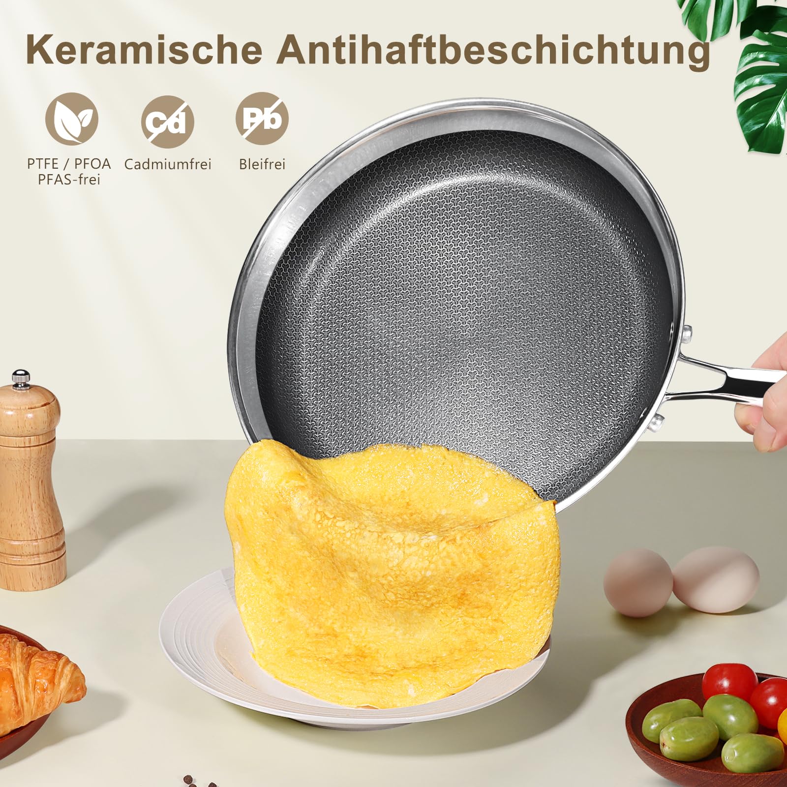 GiPP Antihaft Edelstahl Bratpfanne, Dreischicht Edelstahlpfanne,Waben Anti-Haftbeschichtung,Profi-Kochgeschirr zum Anbraten für Alle Herdarten Geeignet(30CM mit Deckel)
