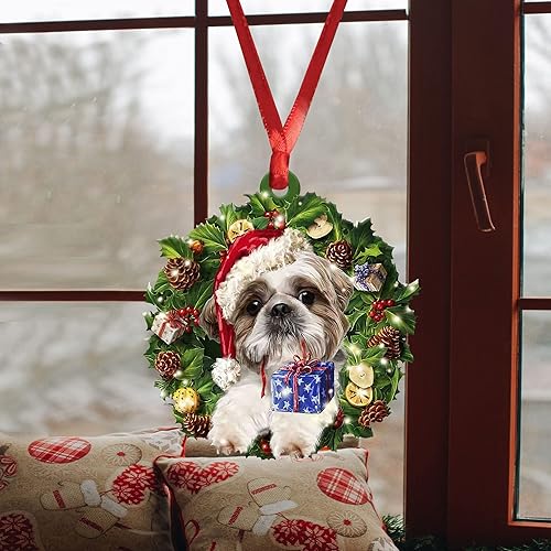 Miniatura 4 de Talataca Shih Tzu - Corona de sombrero de Navidad para amantes de los perros, accesorios para espejo retrovisor plano 2D, adorno para árbol de