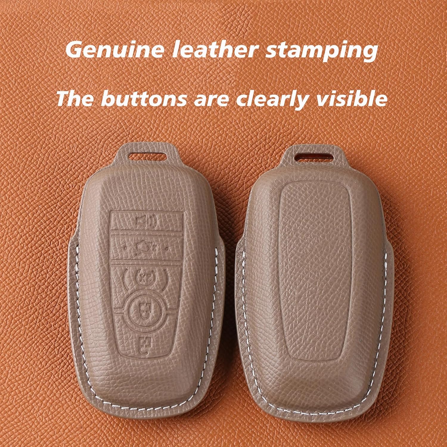 Leather Key Fob Cover with Keychain Compatible with Ford Explorer Mustang Escape F150 F250 F350 F450 F550 Edge Key (Khaki)