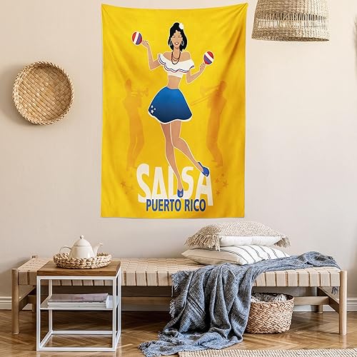 Miniatura 6 de Lunarable Tapiz de Puerto Rico, chica bailarina de salsa con silueta de trombonista y trompetista de Maracas en el fondo, colgante de pared para