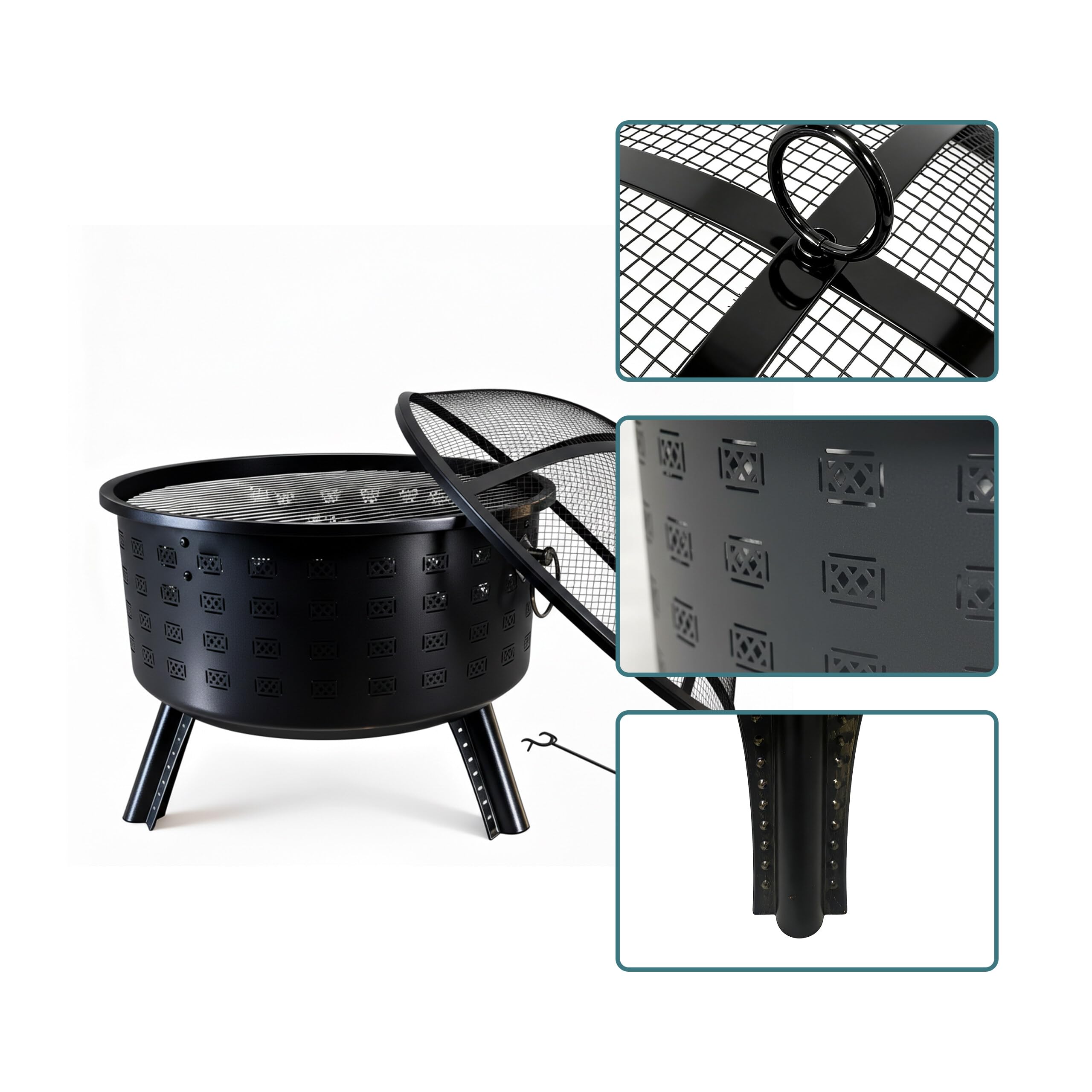 Relaxdays Feuerschale, HxØ 62 x 66 cm, mit Grillrost, Funkenschutz & Schürhaken, Feuerstelle Garten, Feuerkorb, schwarz
