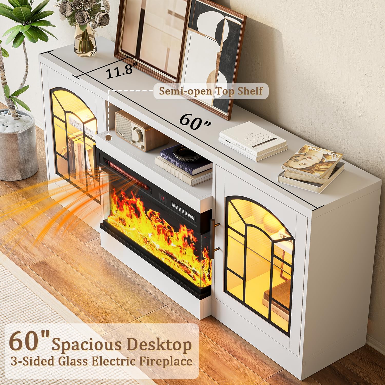 60" Fireplace TV Stand with 24" Fireplace, 3 Sided Glass Modern Entertainment Center with Adjustable Flame and LED Lights, Wood TV Console with Storage for TVs up to 70" for Living Room, White - Image 6