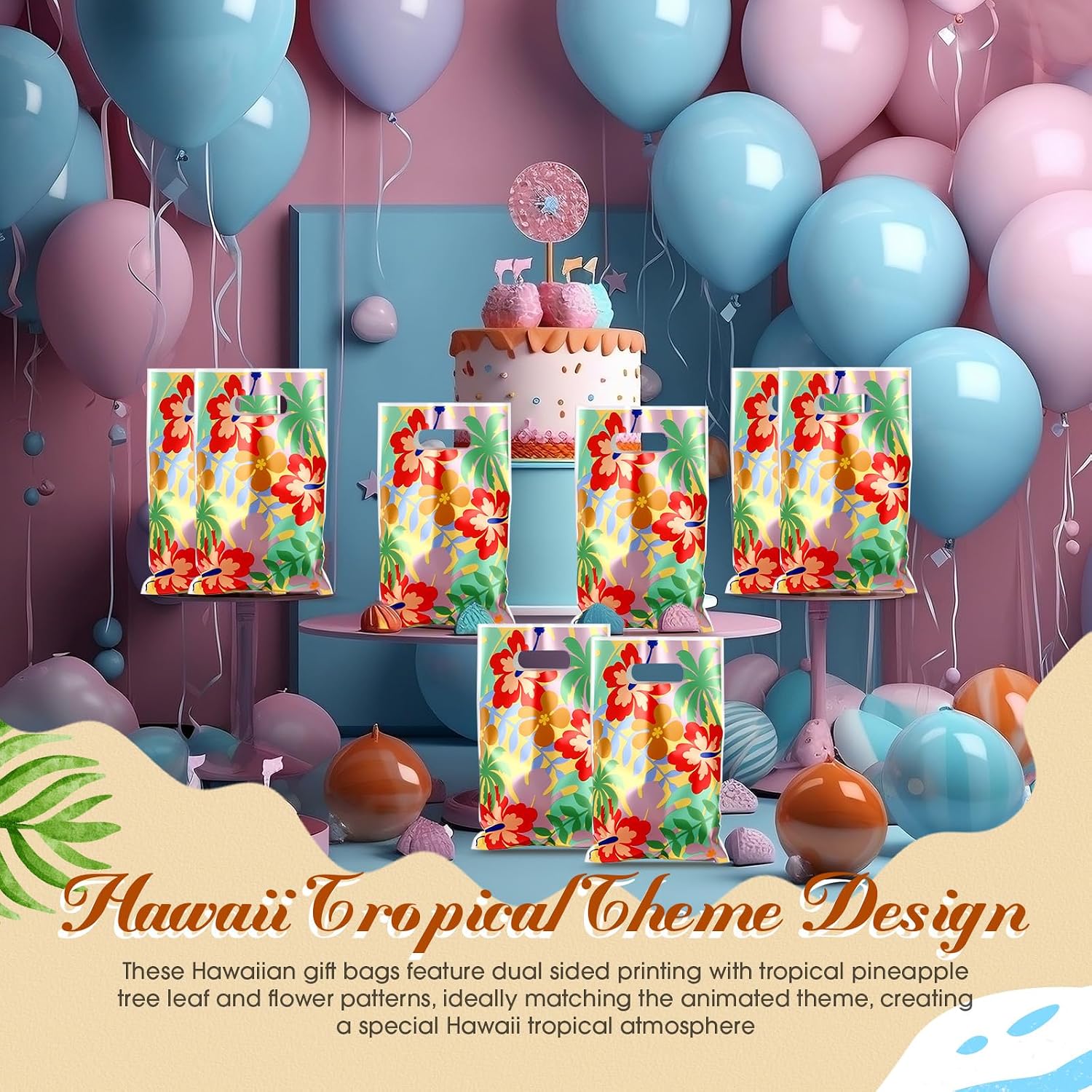 Engrowtic 50 Pcs Hawaii Party Favor Bags Cute Cartoon Palm Leaves Party Snack Pouch 9.8 x 6.7 inch Hawaiian Themed Candy Treat Plastic Bag with Handle for Summer Tropical Aloha Birthday Theme Supplies image 5